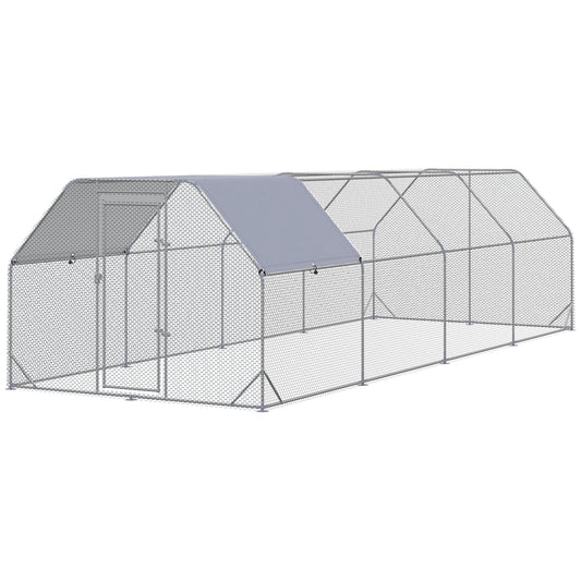 Chicken Run, Galvanized Large Metal Chicken Coop Cage, Walk-in Enclosure Poultry Hen Run House Playpen Rabbit Hutch with Flat Roof, Cover, for Outdoor Backyard, 9.2' x 24.9' x 6.5', Silver