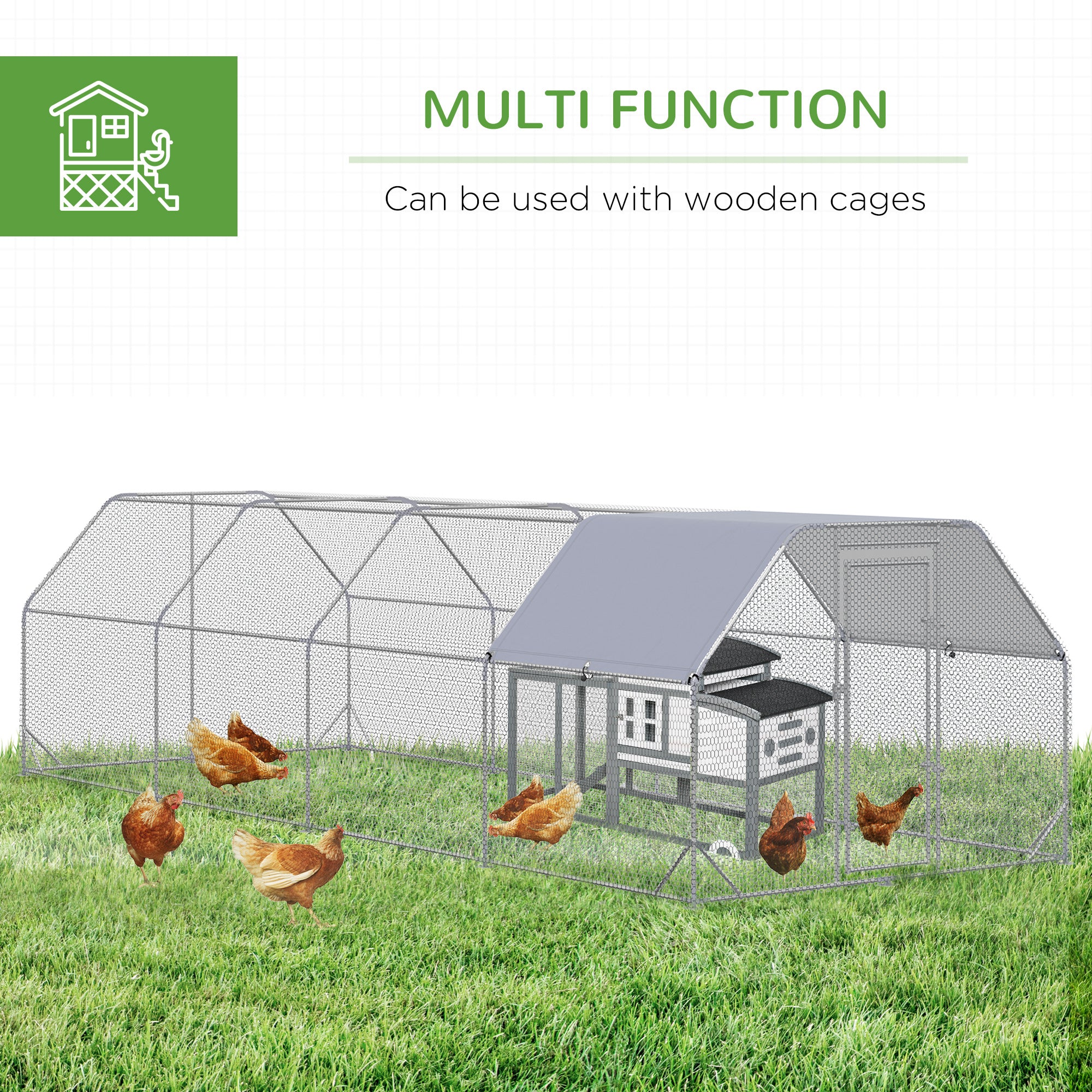 Chicken Run, Galvanized Large Metal Chicken Coop Cage, Walk-in Enclosure Poultry Hen Run House Playpen Rabbit Hutch with Flat Roof, Cover, for Outdoor Backyard, 9.2' x 24.9' x 6.5', Silver