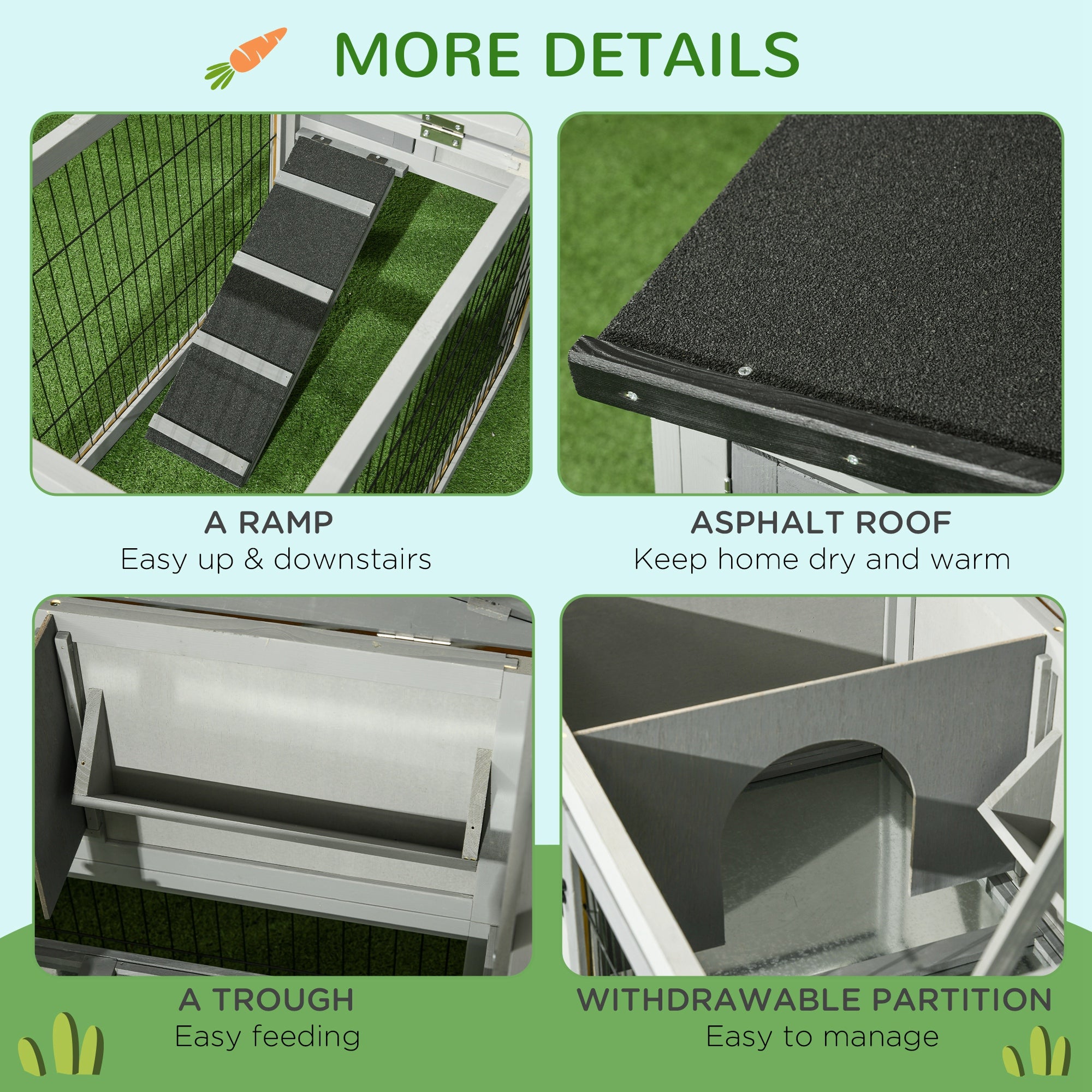 Rabbit Hutch Outdoor, Wooden Guinea Pig Hutch with Run, Openable Roof, Pull-Out Tray, Ramp for 1-2 Rabbits, 150 x 52.5 x 68 cm, Grey