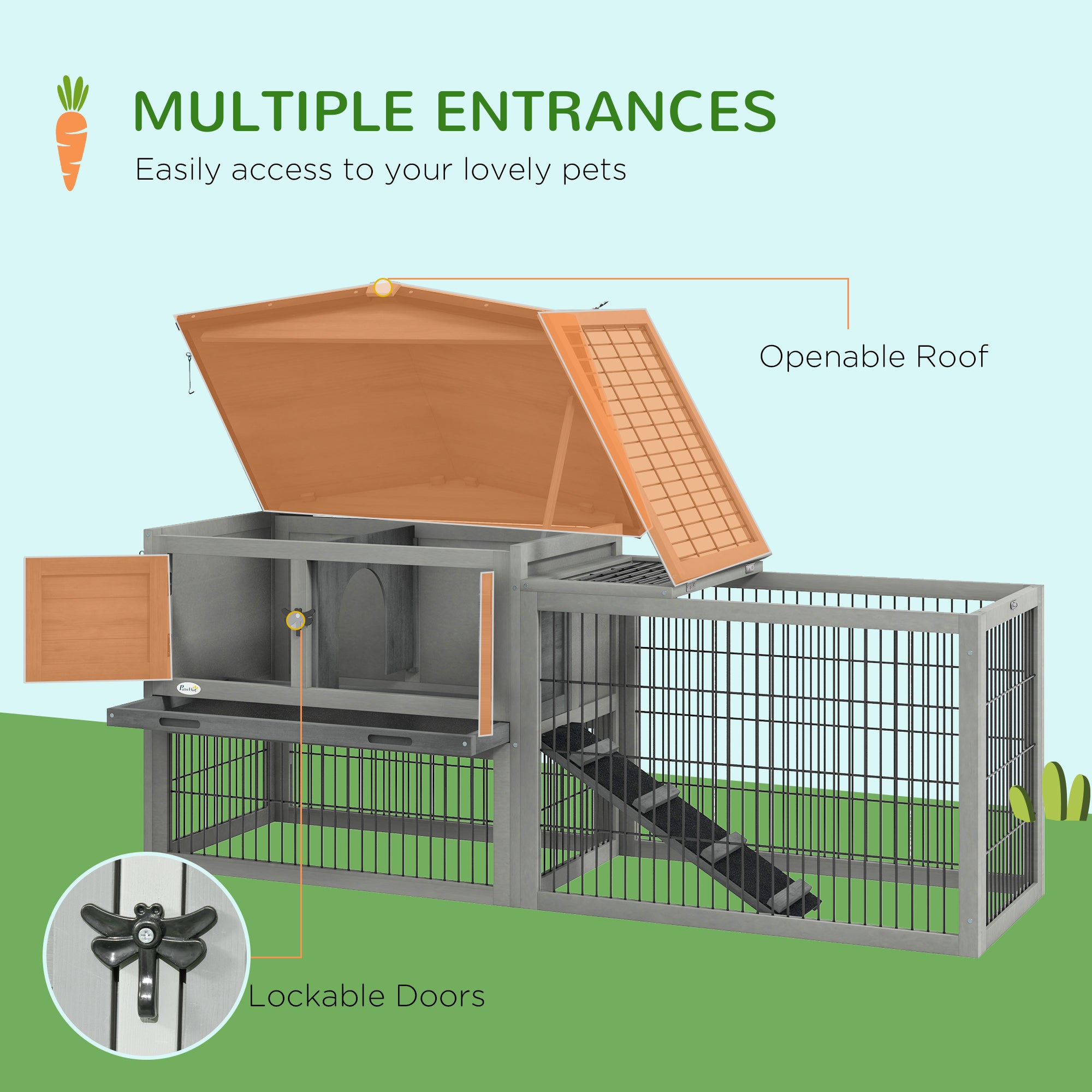 Rabbit Hutch Outdoor, Wooden Guinea Pig Hutch with Run, Openable Roof, Pull-Out Tray, Ramp for 1-2 Rabbits, 150 x 52.5 x 68 cm, Grey