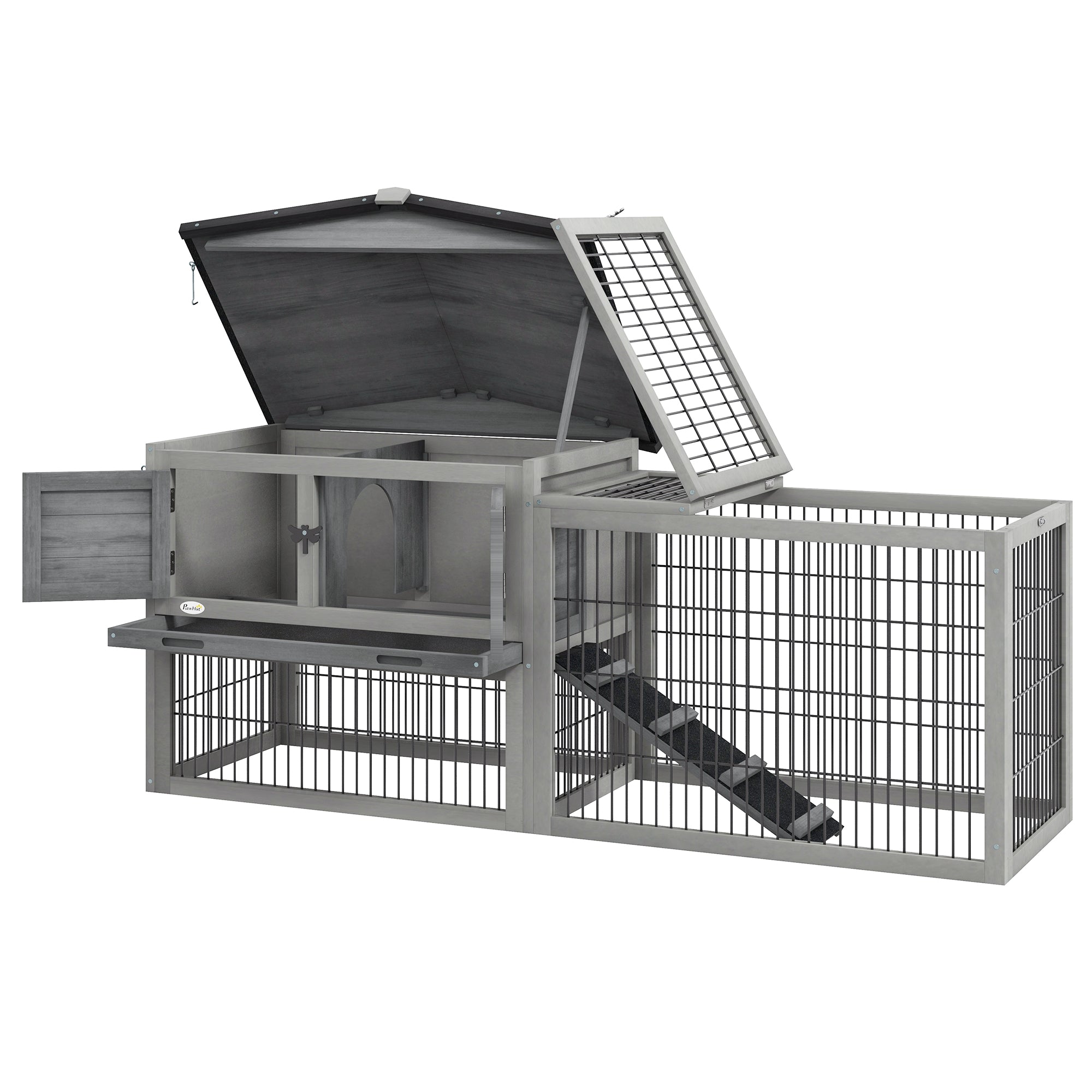 Rabbit Hutch Outdoor, Wooden Guinea Pig Hutch with Run, Openable Roof, Pull-Out Tray, Ramp for 1-2 Rabbits, 150 x 52.5 x 68 cm, Grey