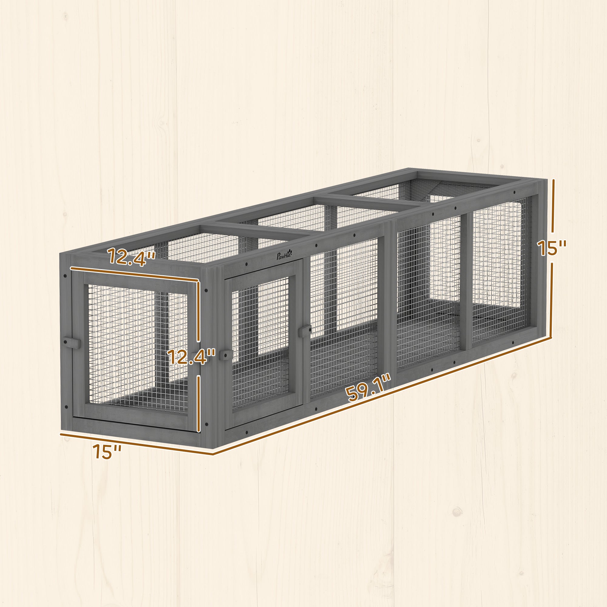 Outdoor Cat Tunnel, 59" Wooden Play Cat Enclosure, Extendable Pet Run with 3 Doors, for Indoor and Outdoor Use, for Kitty, Puppy, Gray