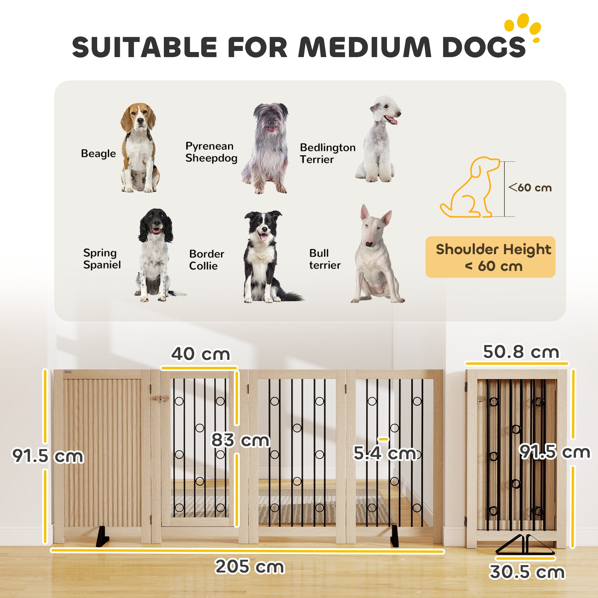 Freestanding Pet Gate, Foldable Dog Gate with Lockable Door, Metal Support Feet & 360° Flexible Hinges, 4 Panel Indoor Dog Barrier for House, Stairs, Doorway, 205 x 30.5 x 91.5 cm, Oak