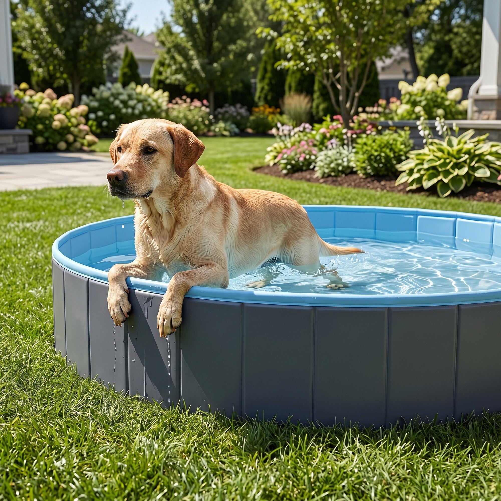 Foldable Dog Pool for Puppies and Ducks, Thickened PVC Dog Paddling Pool Bath Tub Hard Board, Anti-Slip Bottom and Hose Adapter for Easy Drainage, 160 x 30cm, Blue and Dark Grey