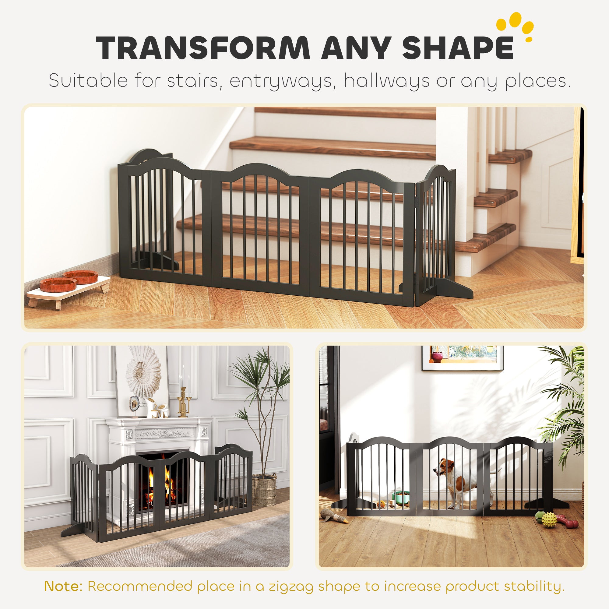 Wooden Foldable Dog Gate Panel Pet Fence Freestanding Safety Barrier for the House, Doorway, Stairs (Black)