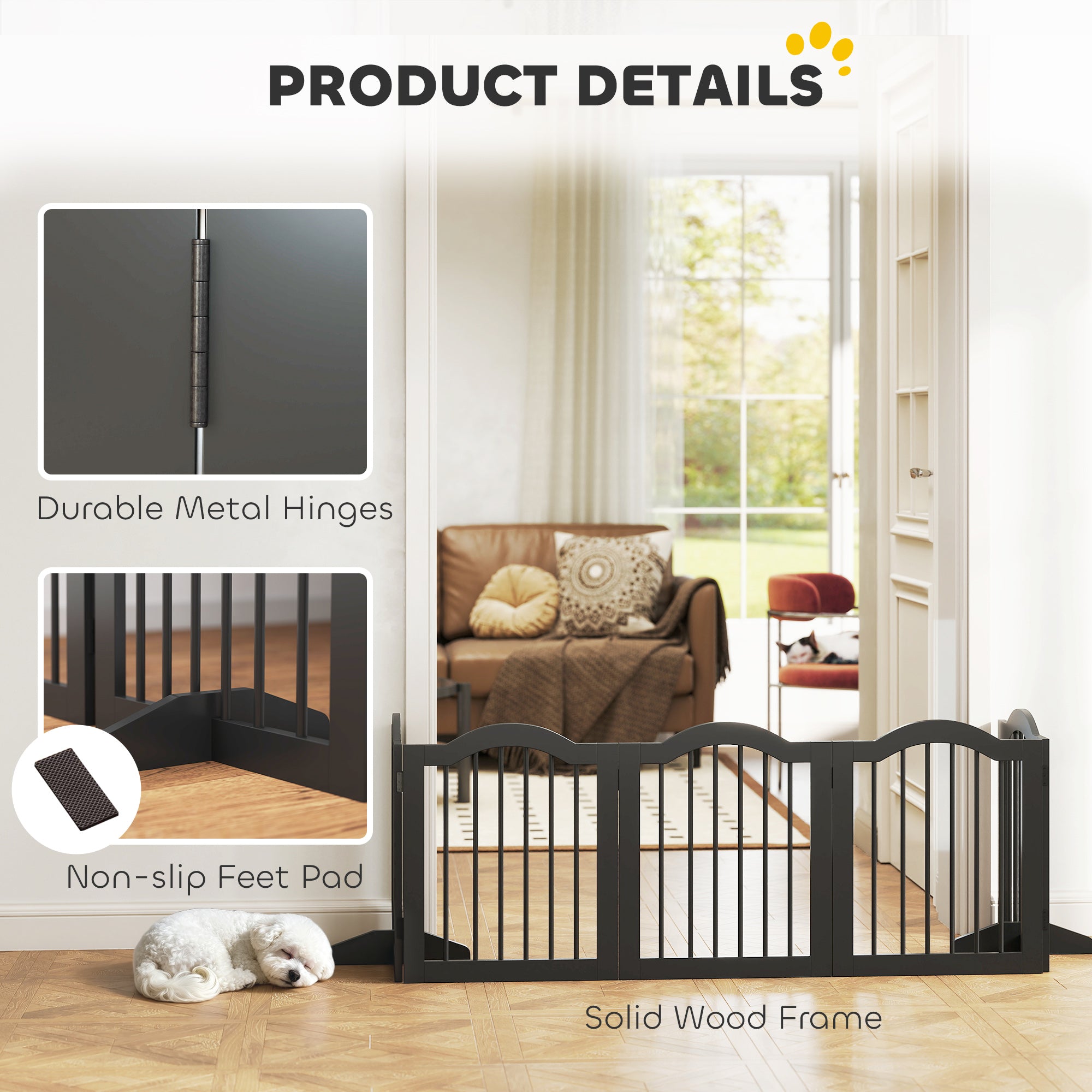 Wooden Foldable Dog Gate Panel Pet Fence Freestanding Safety Barrier for the House, Doorway, Stairs (Black)