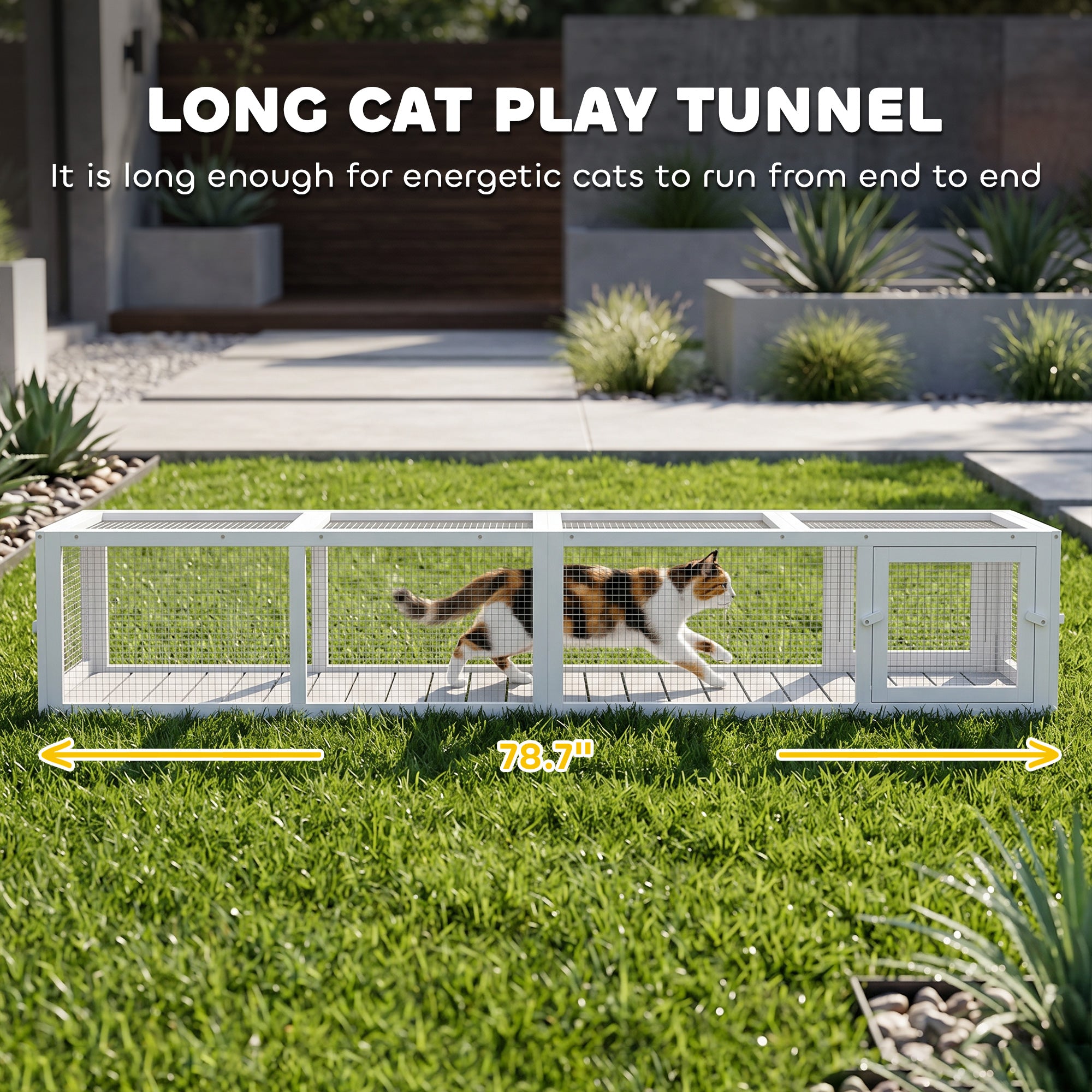 Outdoor Cat Tunnel with Extendable Design, 79" L Wooden Cat Run with Weather Protection, Connecting Inside and Outside, for Deck Patios, Balconies, White