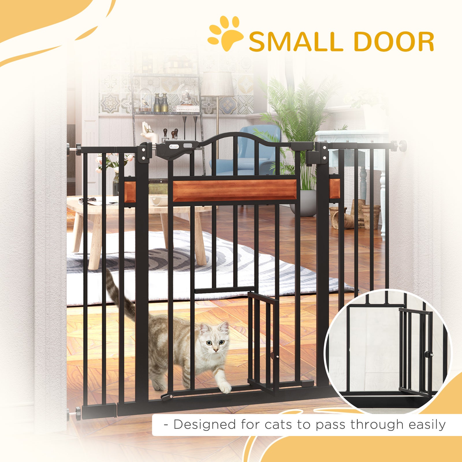29.1''-41.3'' Extra Wide Dog Gate with Cat Door with Stair Pressure Fit, Auto Close, Double Locking, for Doorways, Hallways, Stairs, Black