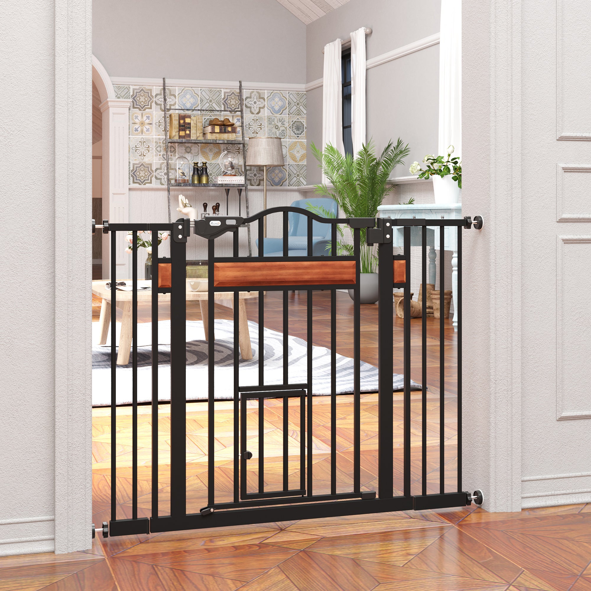 29.1''-41.3'' Extra Wide Dog Gate with Cat Door with Stair Pressure Fit, Auto Close, Double Locking, for Doorways, Hallways, Stairs, Black