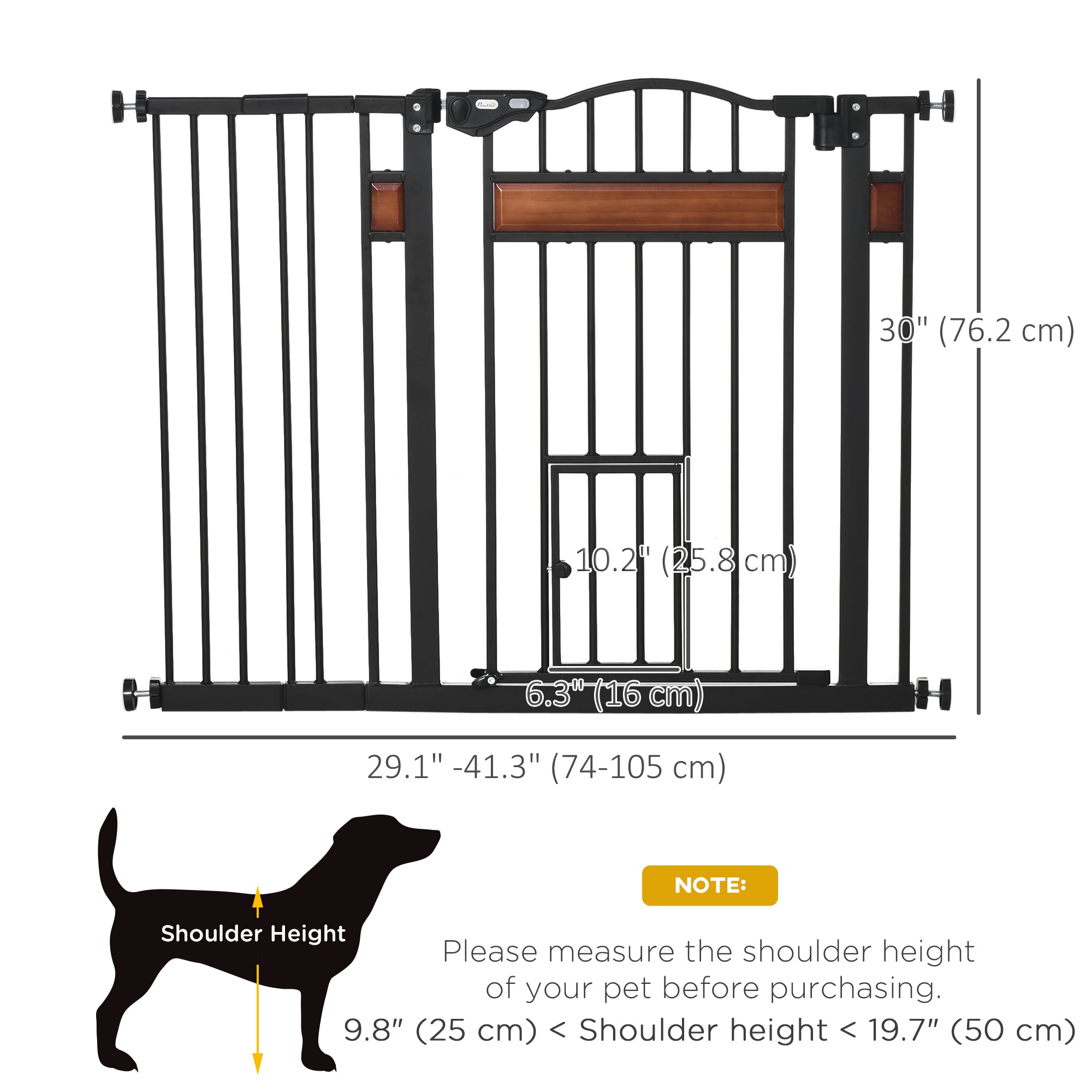 29.1''-41.3'' Extra Wide Dog Gate with Cat Door with Stair Pressure Fit, Auto Close, Double Locking, for Doorways, Hallways, Stairs, Black