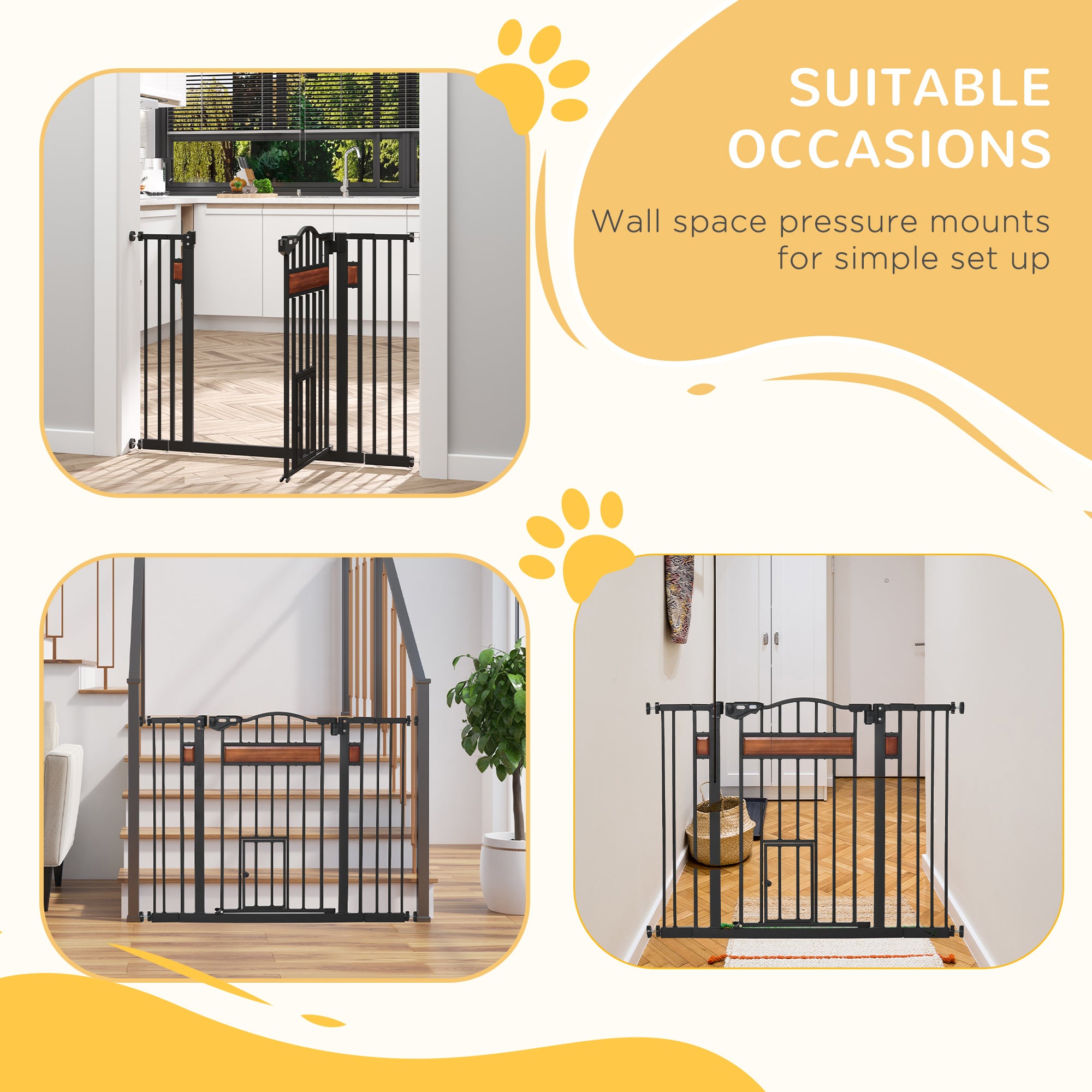 29.1''-41.3'' Extra Wide Dog Gate with Cat Door with Stair Pressure Fit, Auto Close, Double Locking, for Doorways, Hallways, Stairs, Black