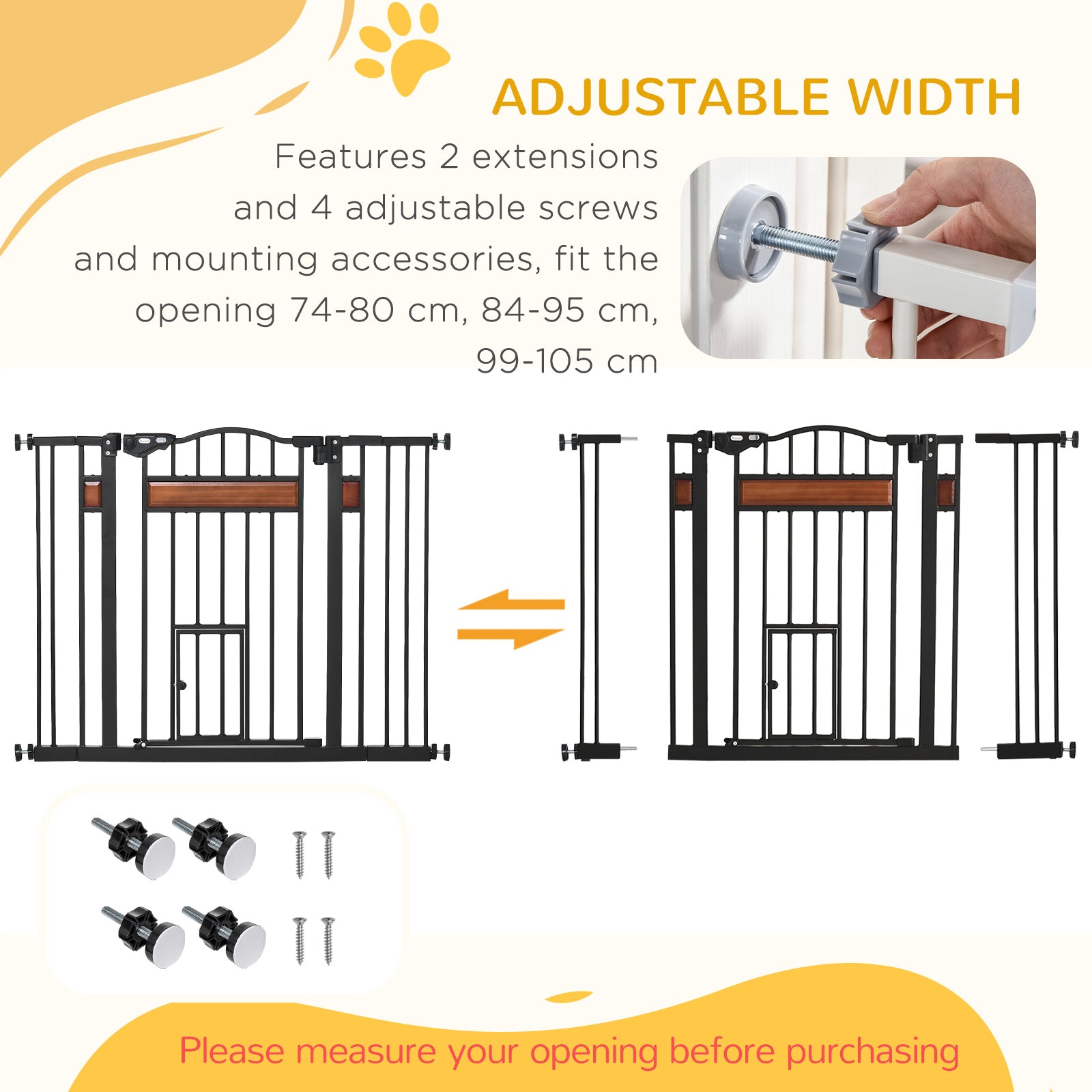 29.1''-41.3'' Extra Wide Dog Gate with Cat Door with Stair Pressure Fit, Auto Close, Double Locking, for Doorways, Hallways, Stairs, Black