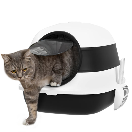 Foldable Cat Litter Box with Lid, Hooded Cat Litter Tray with High Sides, Air Freshener, Large Two-Way Entrance, Scoop, Black
