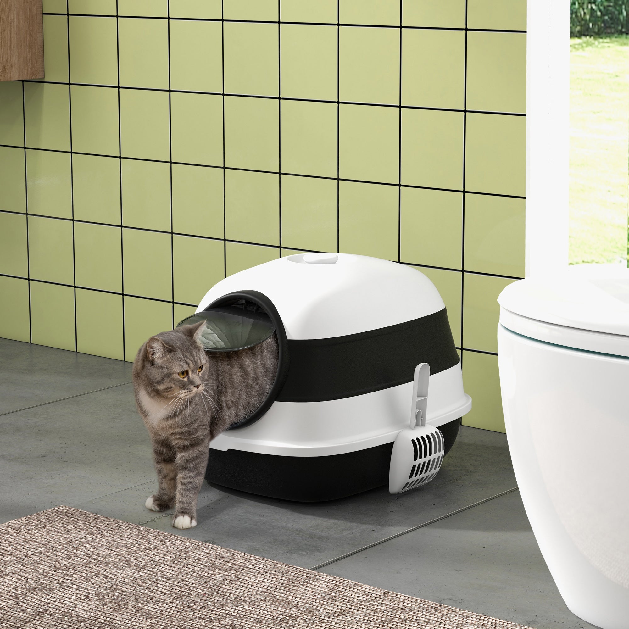 Foldable Cat Litter Box with Lid, Hooded Cat Litter Tray with High Sides, Air Freshener, Large Two-Way Entrance, Scoop, Black