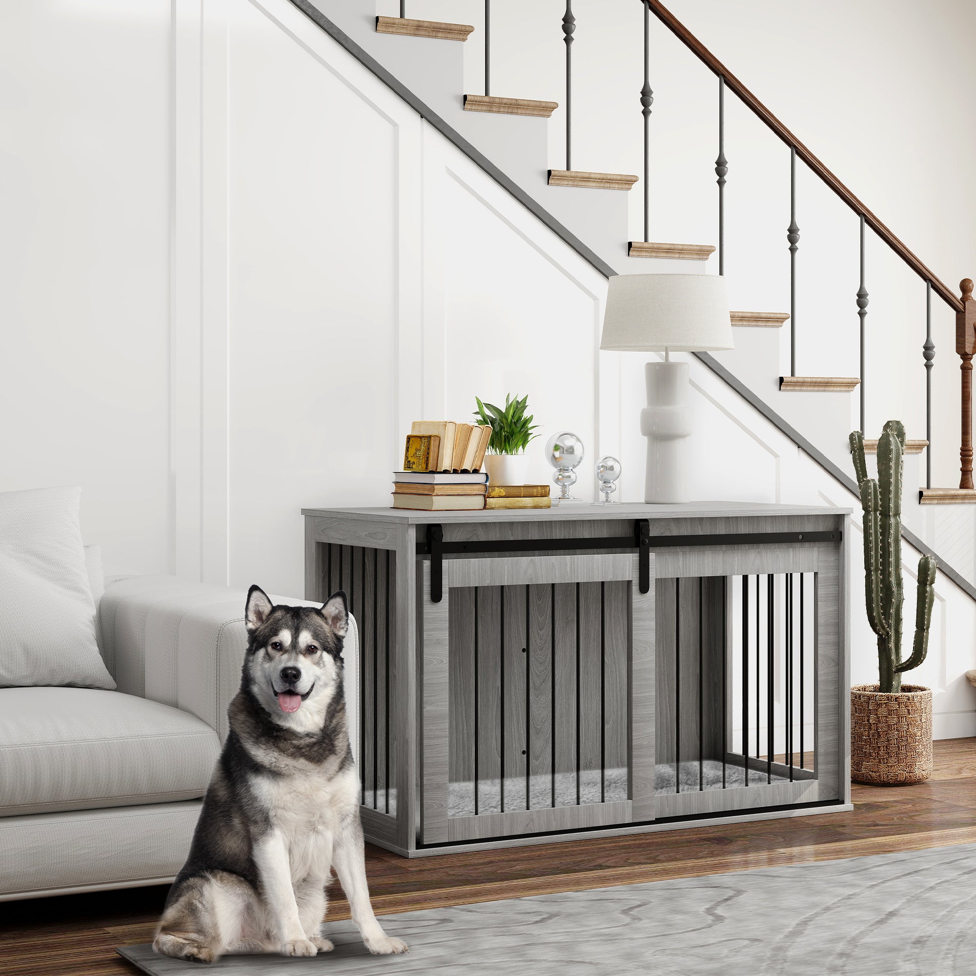 Dog Crate Furniture, Dog House Furniture Style for Extra Large Dogs, Dog Kennel with Removable Cushion for Indoor Use, 118 x 60 x 73 cm, Grey
