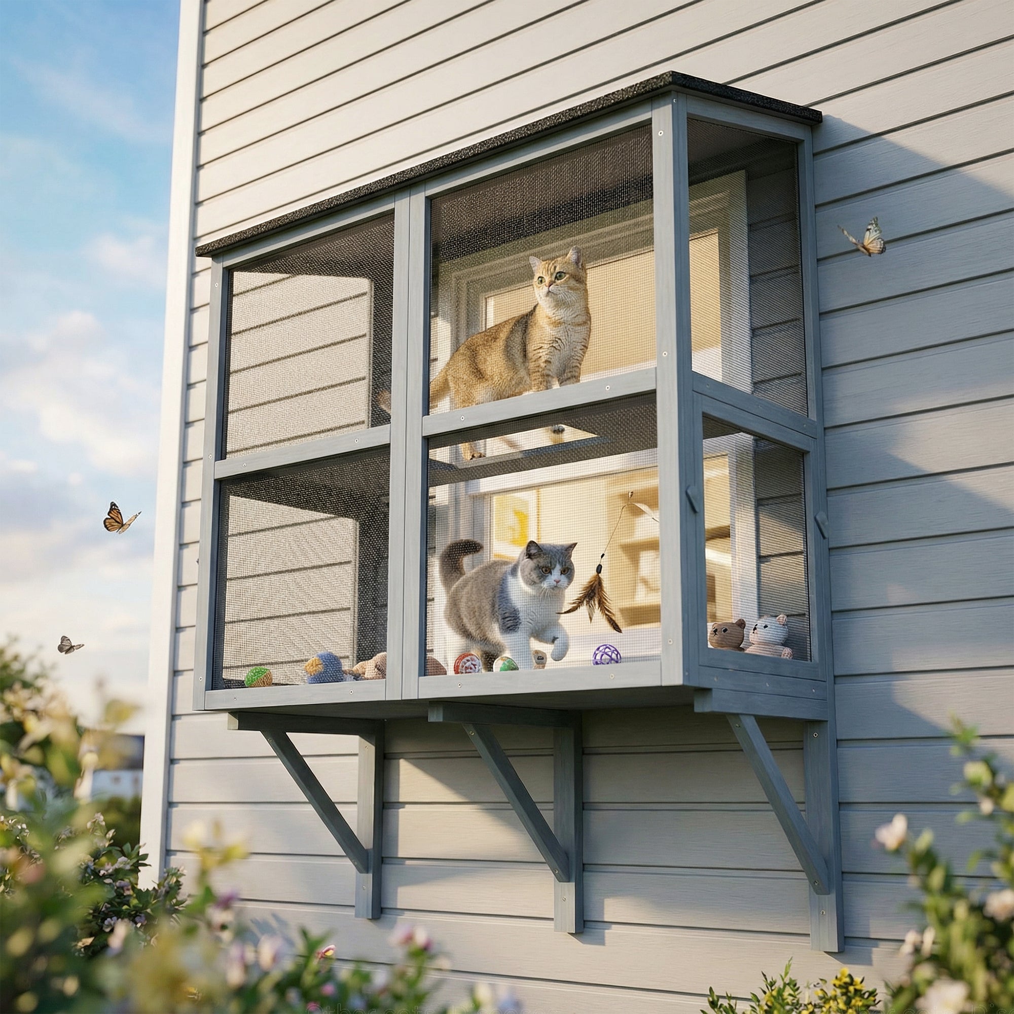Cat Catio, Expandable Window Box Enclosure for Multiple Indoor Cats, Comfortable Wooden Pet Perch House, All Weather Use, with 2 Doors, for Sunbathing, Napping, Overlooking, 39.4"L