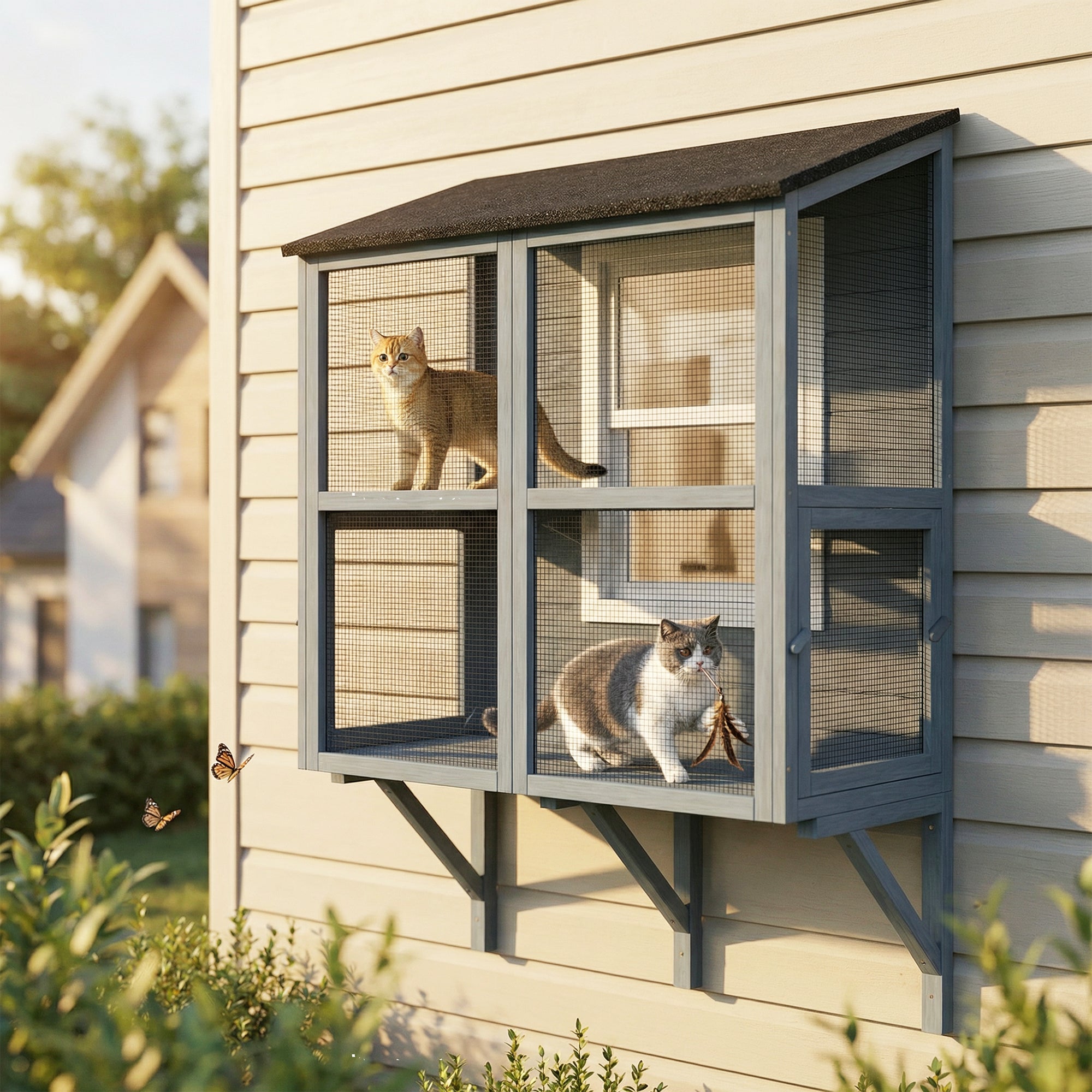 Cat Catio, Expandable Window Box Enclosure for Multiple Indoor Cats, Comfortable Wooden Pet Perch House, All Weather Use, with 2 Doors, for Sunbathing, Napping, Overlooking, 39.4"L