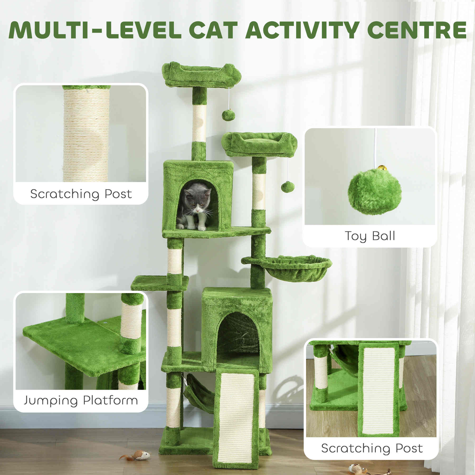 Cat Tree, 70" Multi-Level Cat Tower for Indoor with 2 Condos, 2 Plush Top Perches, Hammock, Platforms, Toy Balls, Sisal Scratching Posts and Board, Green