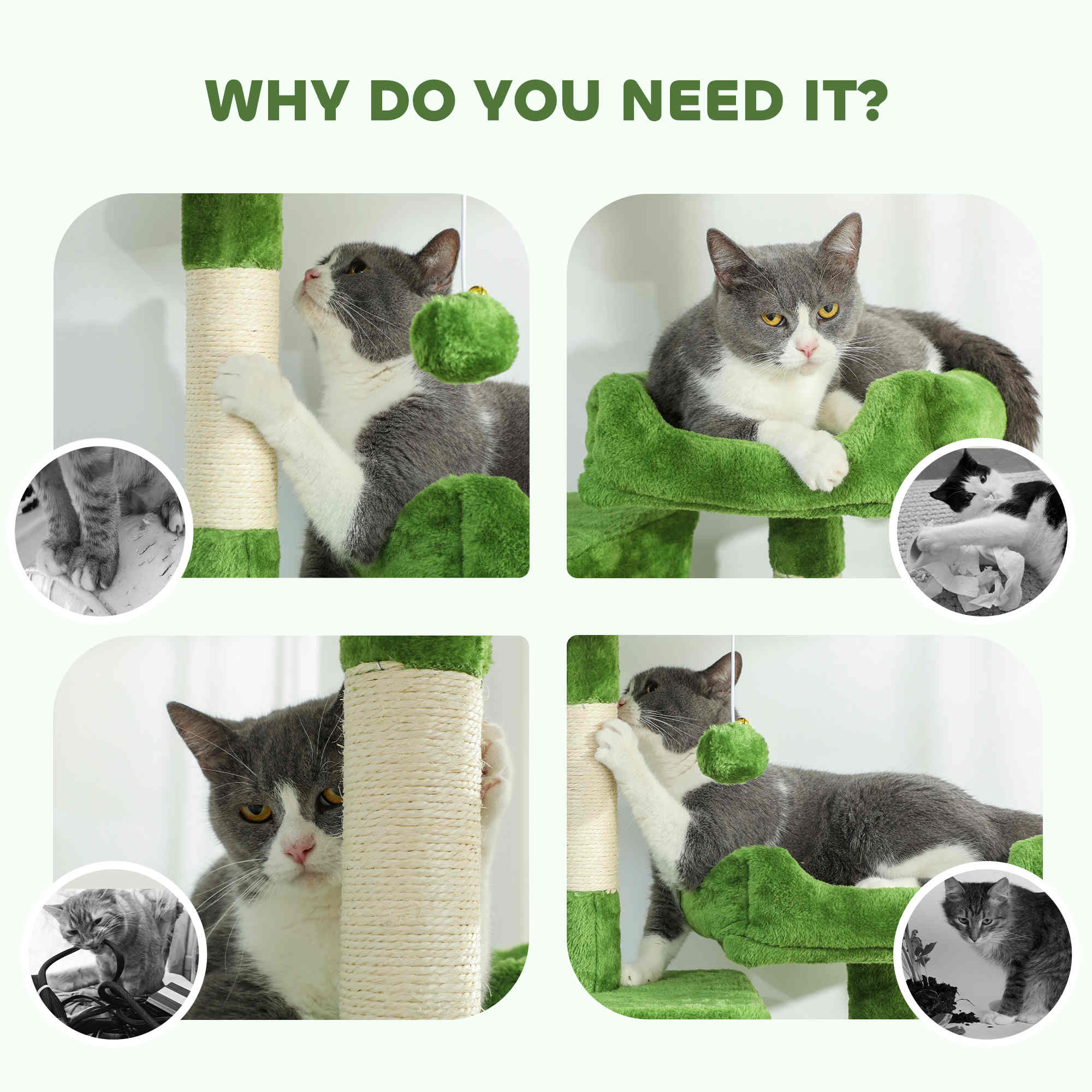 Cat Tree, 70" Multi-Level Cat Tower for Indoor with 2 Condos, 2 Plush Top Perches, Hammock, Platforms, Toy Balls, Sisal Scratching Posts and Board, Green