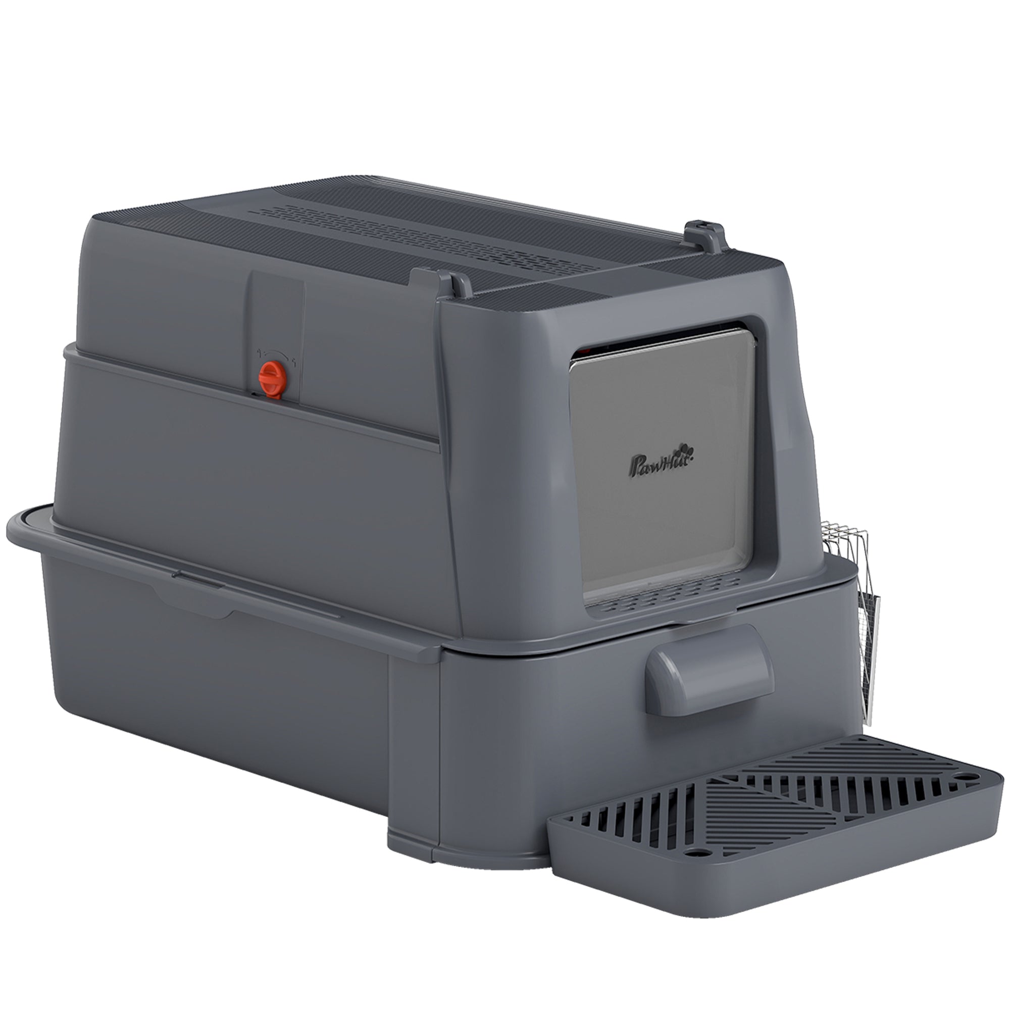 80L Stainless Steel Cat Litter Box with Lid, XL Metal Litter Box for Big Cats with 180° Flip Cover, Pull-Out Drawer Tray, High Sided, Pedal, Metal Scoop, Dark Grey