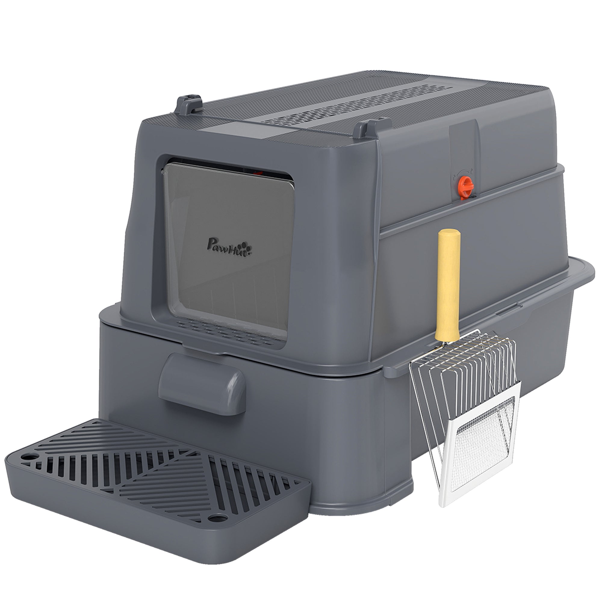 80L Stainless Steel Cat Litter Box with Lid, XL Metal Litter Box for Big Cats with 180° Flip Cover, Pull-Out Drawer Tray, High Sided, Pedal, Metal Scoop, Dark Grey