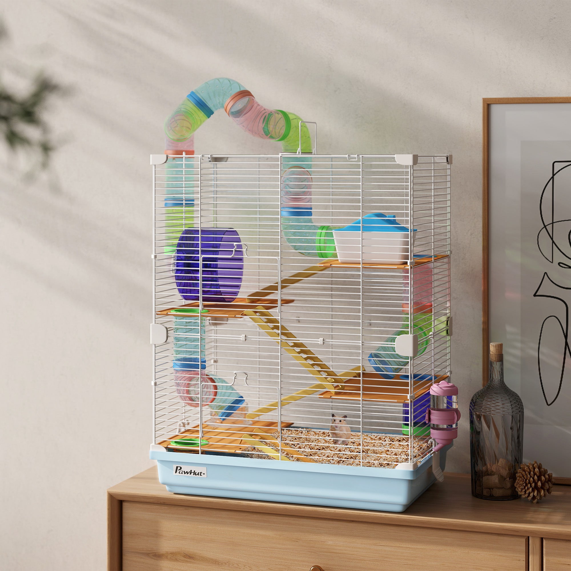 5 Tiers Hamster Cage Portable Animal Travel Carrier Habitat with Exercise Wheels Play Tube Water Bottle Dishes House Ladder for Gerbils, Light Blue