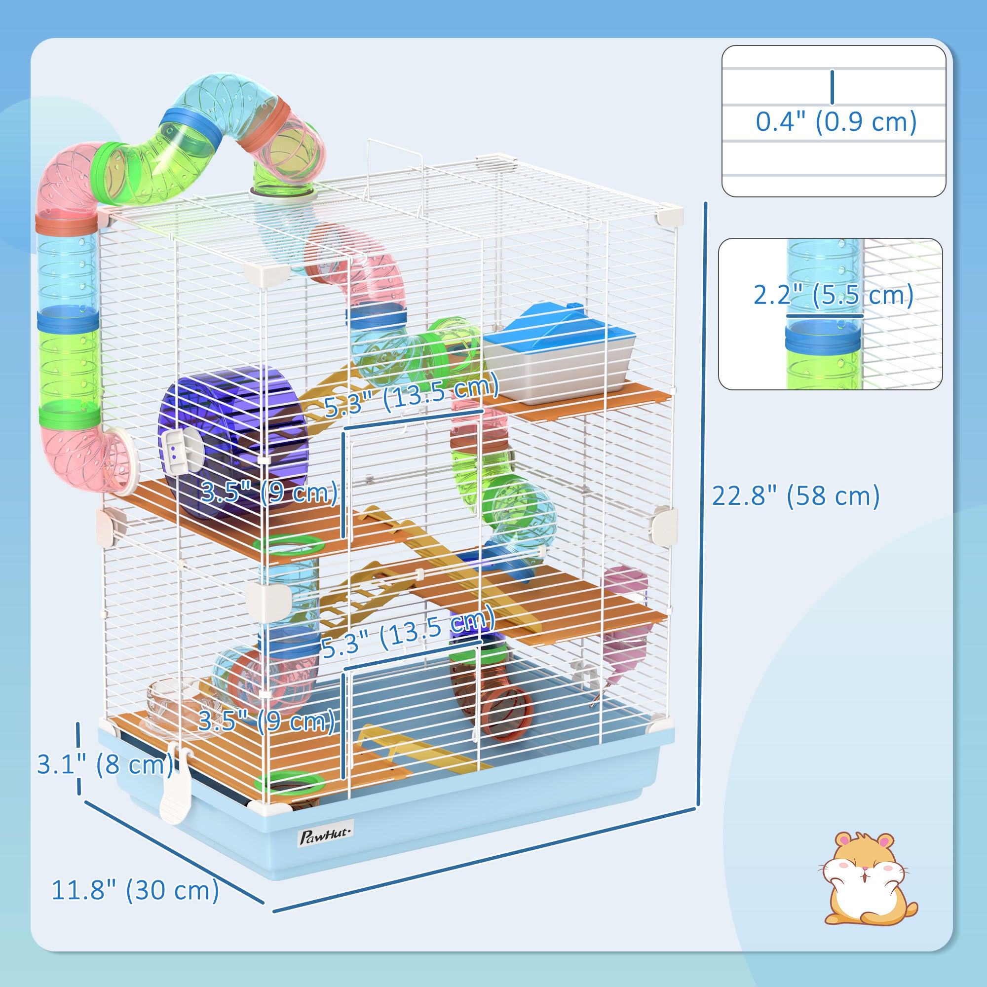 5 Tiers Hamster Cage Portable Animal Travel Carrier Habitat with Exercise Wheels Play Tube Water Bottle Dishes House Ladder for Gerbils, Light Blue
