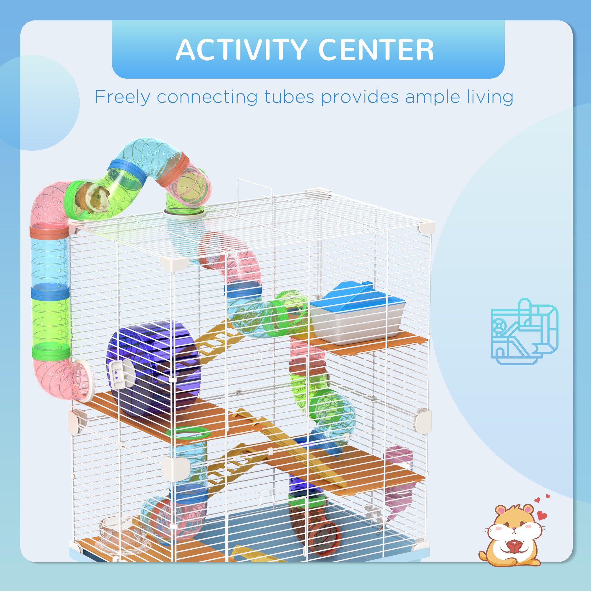 5 Tiers Hamster Cage Portable Animal Travel Carrier Habitat with Exercise Wheels Play Tube Water Bottle Dishes House Ladder for Gerbils, Light Blue