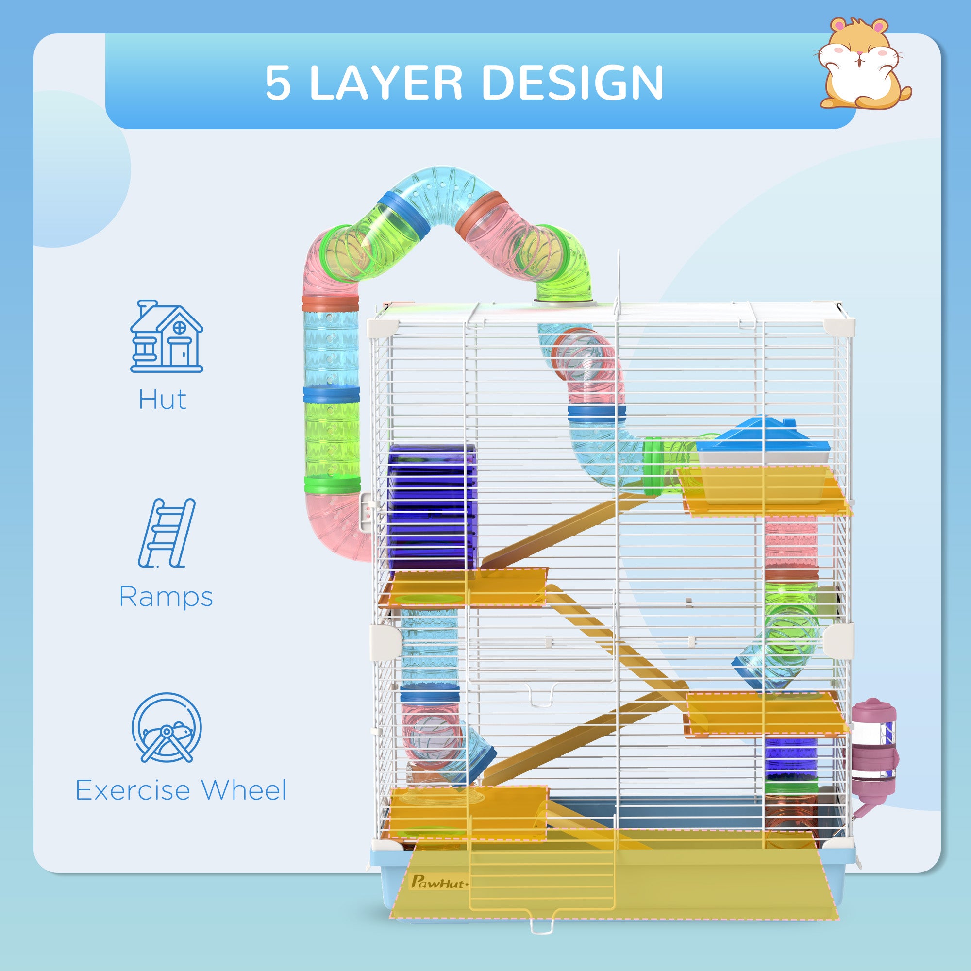 5 Tiers Hamster Cage Portable Animal Travel Carrier Habitat with Exercise Wheels Play Tube Water Bottle Dishes House Ladder for Gerbils, Light Blue