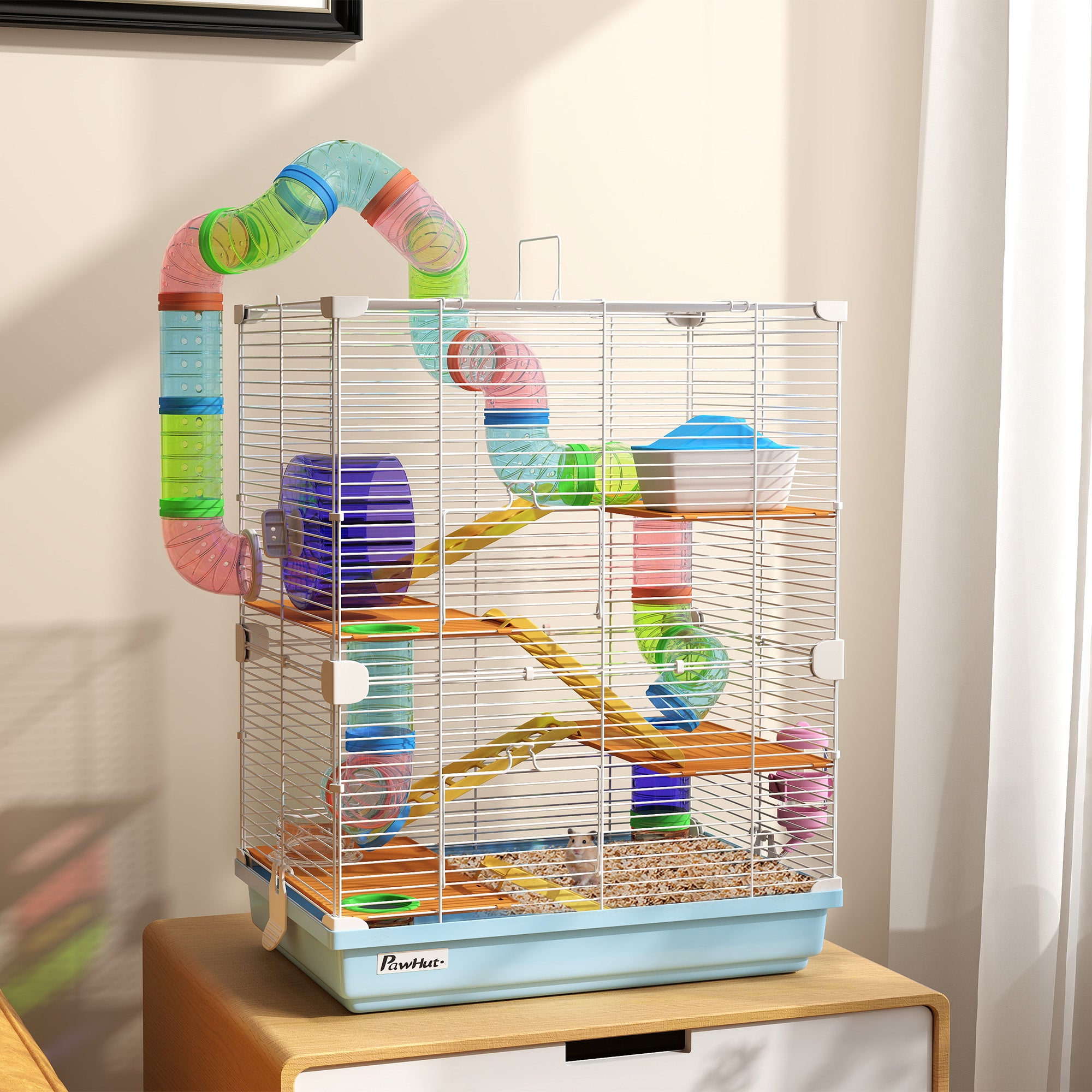 5 Tiers Hamster Cage Portable Animal Travel Carrier Habitat with Exercise Wheels Play Tube Water Bottle Dishes House Ladder for Gerbils, Light Blue