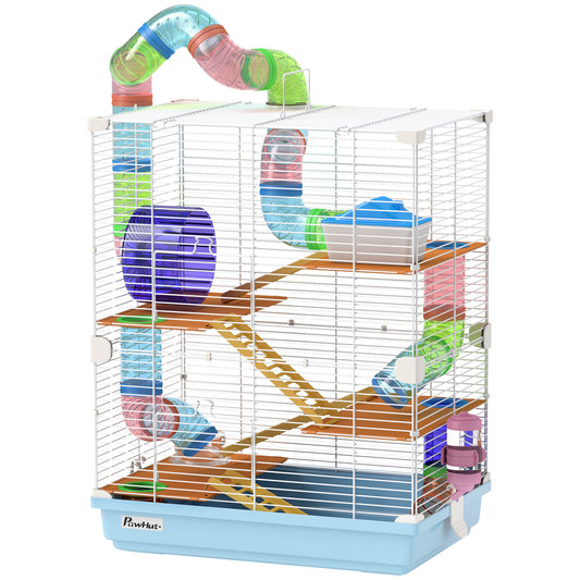5 Tiers Hamster Cage Portable Animal Travel Carrier Habitat with Exercise Wheels Play Tube Water Bottle Dishes House Ladder for Gerbils, Light Blue