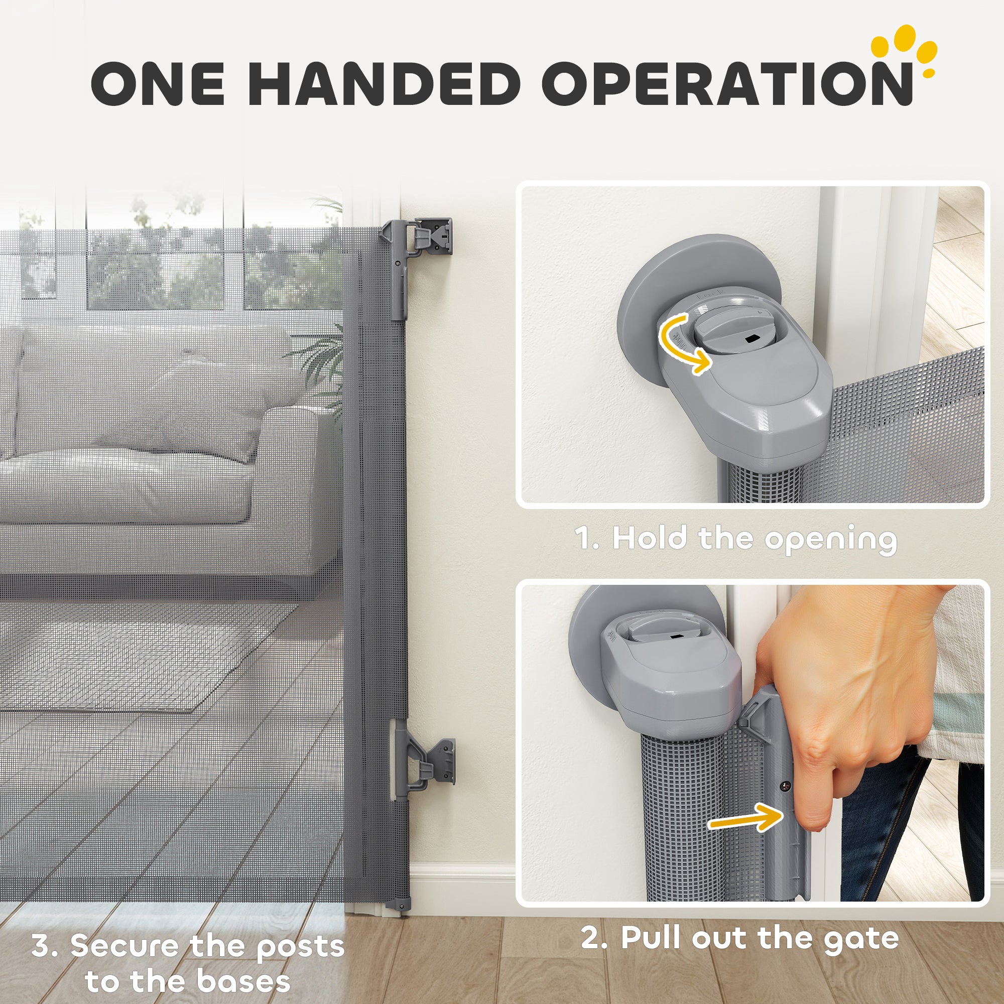 Retractable Stair Gate for Dogs, Pet Gate, Extends to 140 cm Wide & 93 cm Tall, One Handed Operation, for Stairs, Hallways, Doorways, Indoor and Outdoor, Grey