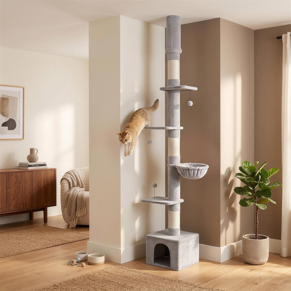 Floor to Ceiling Cat Tree, 230-250cm Multi-Level Cat Tower with Adjustable Height, Scratching Posts, Condo, Platforms and 3 Dangling Balls, Activity Tree for Indoor Kittens, Light Grey