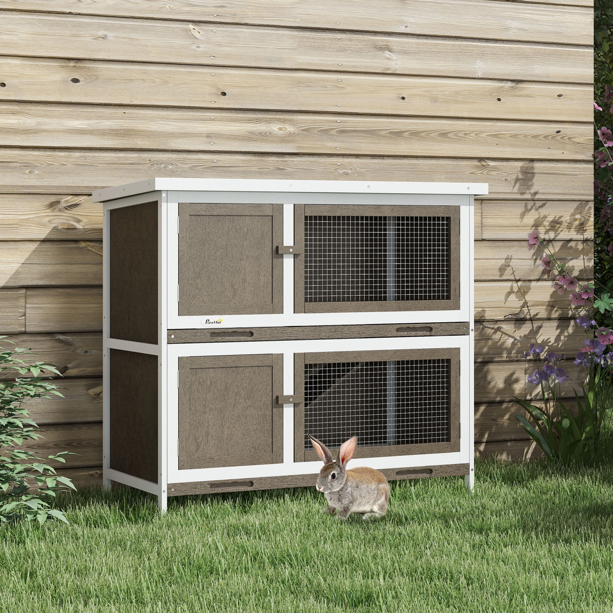 Real Rabbit Hutch PawHut Wooden Rabbit Hutch with Ramp, Removable Tray & Weatherproof ...