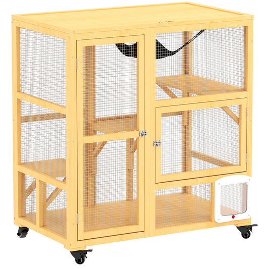Wooden Cat House for Indoor 3 Levels Cat Condo Villa on Wheels with Flap Door Platforms Hammock Openable Top for 2 Kittens, Yellow