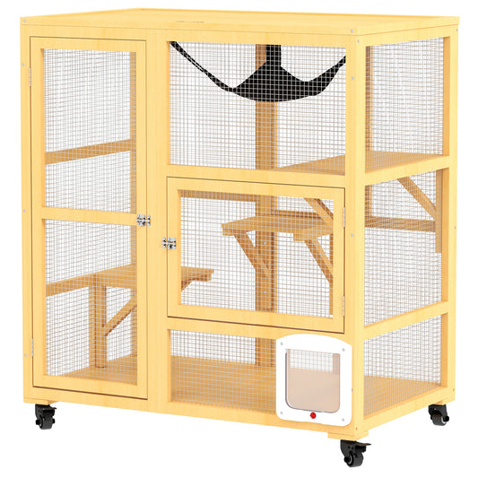 Wooden Cat House for Indoor 3 Levels Cat Condo Villa on Wheels with Flap Door Platforms Hammock Openable Top for 2 Kittens, Yellow
