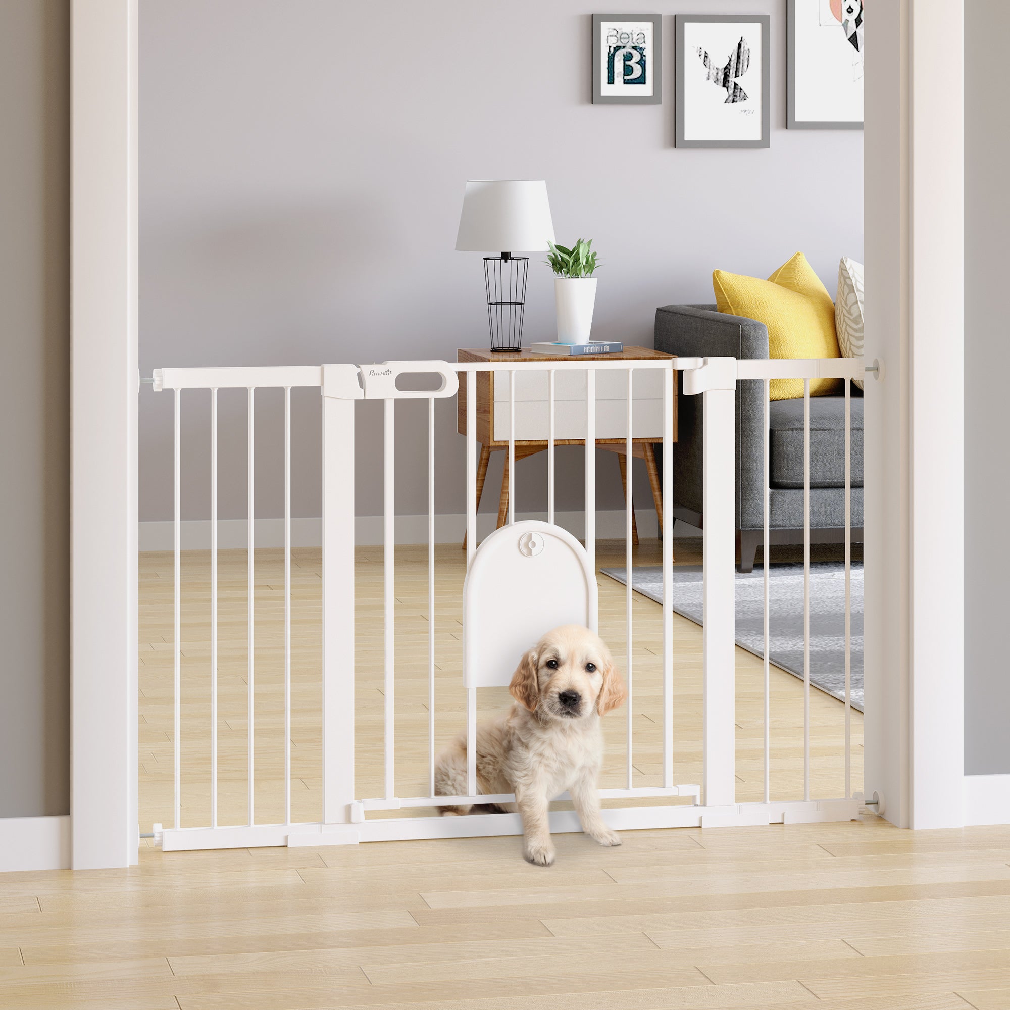 30"-52" Extra Wide Pet Gate with Small Door, 30"H Dog Gate with Safety Gate Barrier, Stair Pressure Fit, Auto Close, Double Locking, for Doorways, Hallways, White