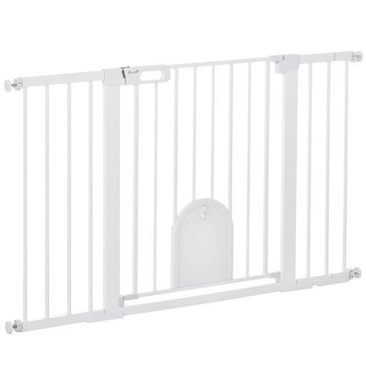 30"-52" Extra Wide Pet Gate with Small Door, 30"H Dog Gate with Safety Gate Barrier, Stair Pressure Fit, Auto Close, Double Locking, for Doorways, Hallways, White