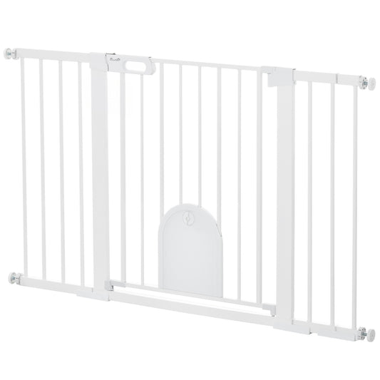 30"-52" Extra Wide Pet Gate with Small Door, 30"H Dog Gate with Safety Gate Barrier, Stair Pressure Fit, Auto Close, Double Locking, for Doorways, Hallways, White