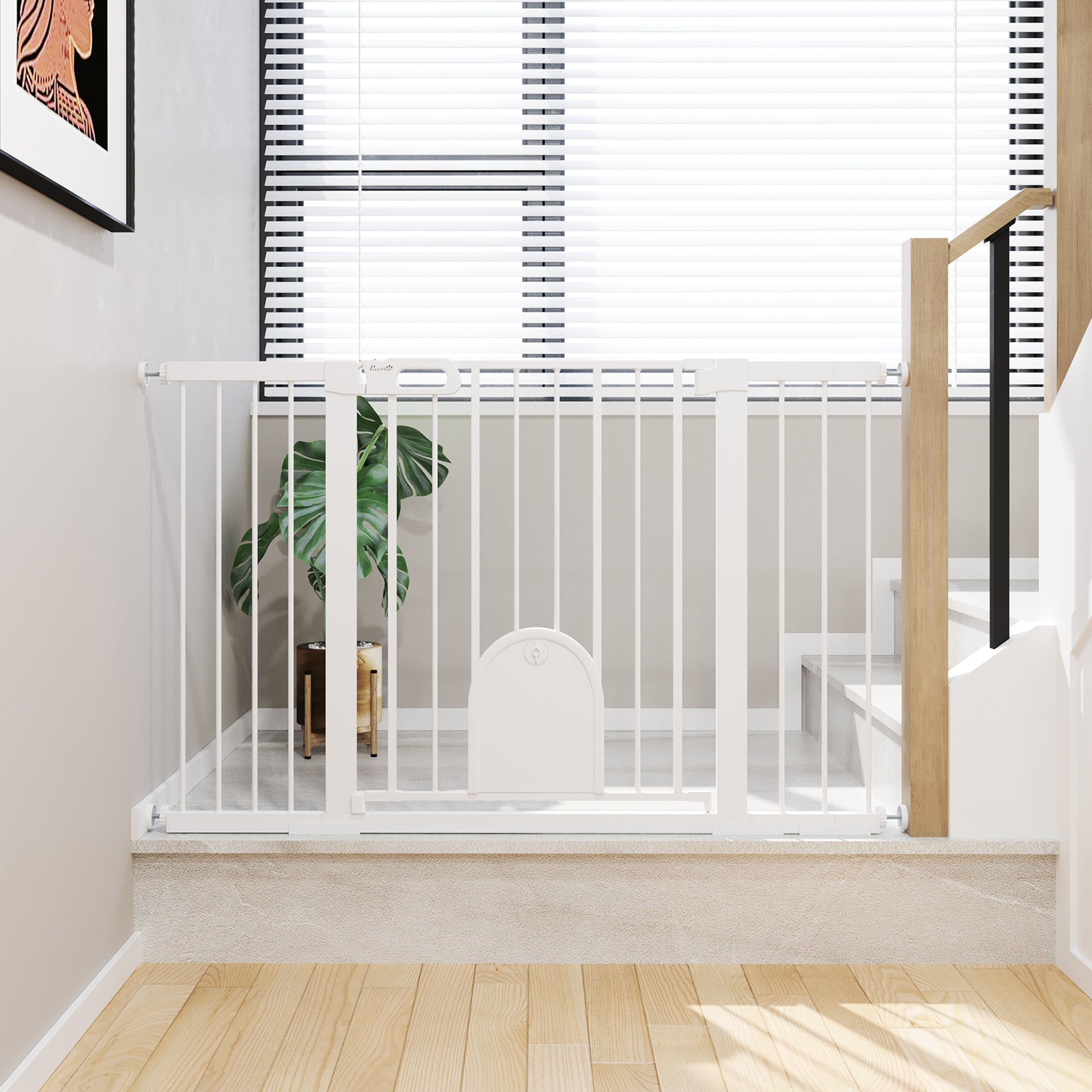 30"-52" Extra Wide Pet Gate with Small Door, 30"H Dog Gate with Safety Gate Barrier, Stair Pressure Fit, Auto Close, Double Locking, for Doorways, Hallways, White