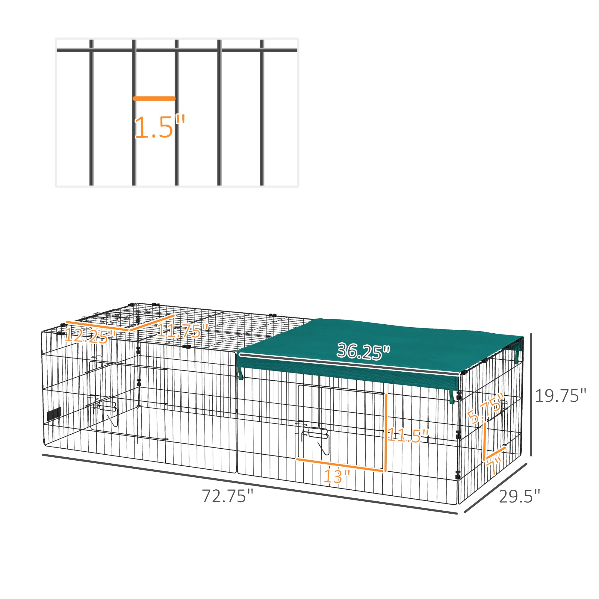 PawHut 73" L Metal Chicken Playpen, Small Animal Cage, Pet Playpen Yard Fence for Rabbits, Chinchillas with Roof for Indoor & Outdoor, 20"H, Green