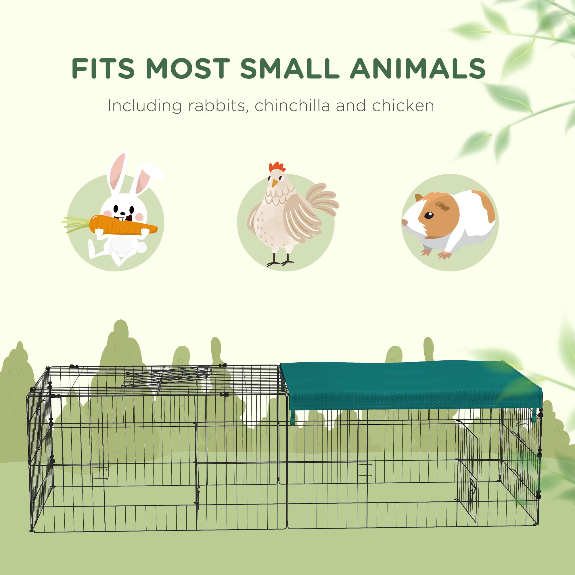 PawHut 73" L Metal Chicken Playpen, Small Animal Cage, Pet Playpen Yard Fence for Rabbits, Chinchillas with Roof for Indoor & Outdoor, 20"H, Green