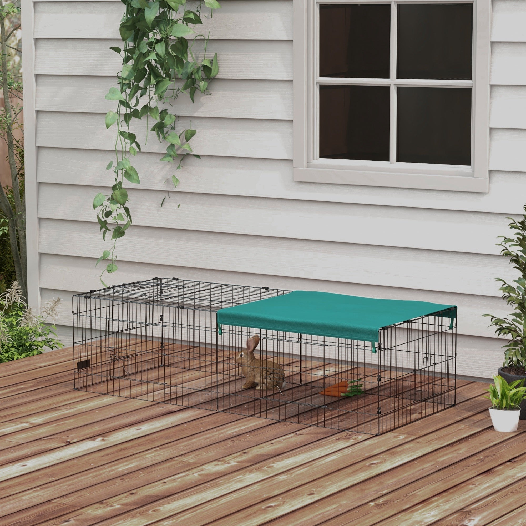 PawHut 73" L Metal Chicken Playpen, Small Animal Cage, Pet Playpen Yard Fence for Rabbits, Chinchillas with Roof for Indoor & Outdoor, 20"H, Green