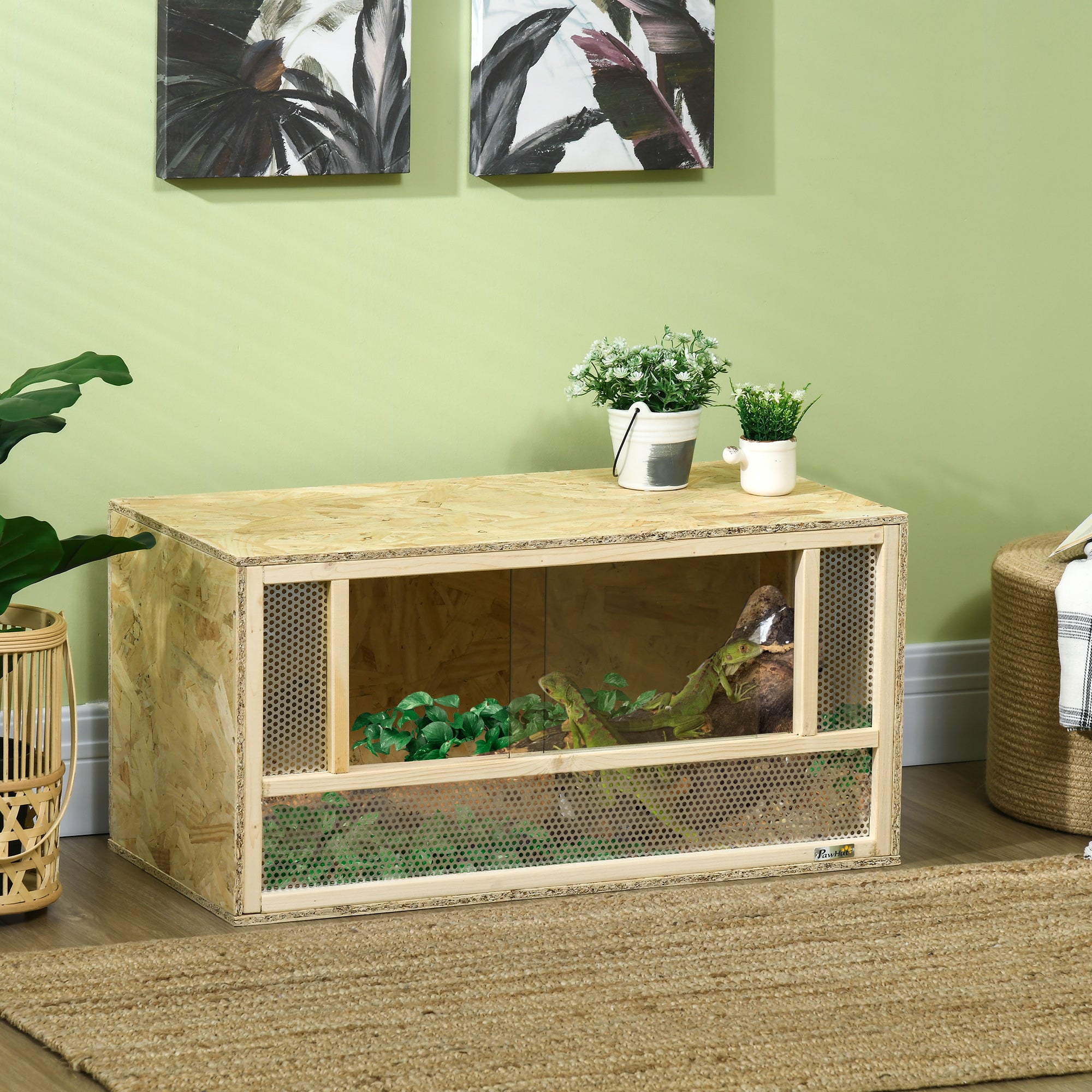 Reptile Terrarium Vivarium Habitat w/ Transparent Sliding Doors, Breathable Mesh, for Lizards, Horned Frogs, Snakes and Chameleons, 80 x 40 x 40 cm