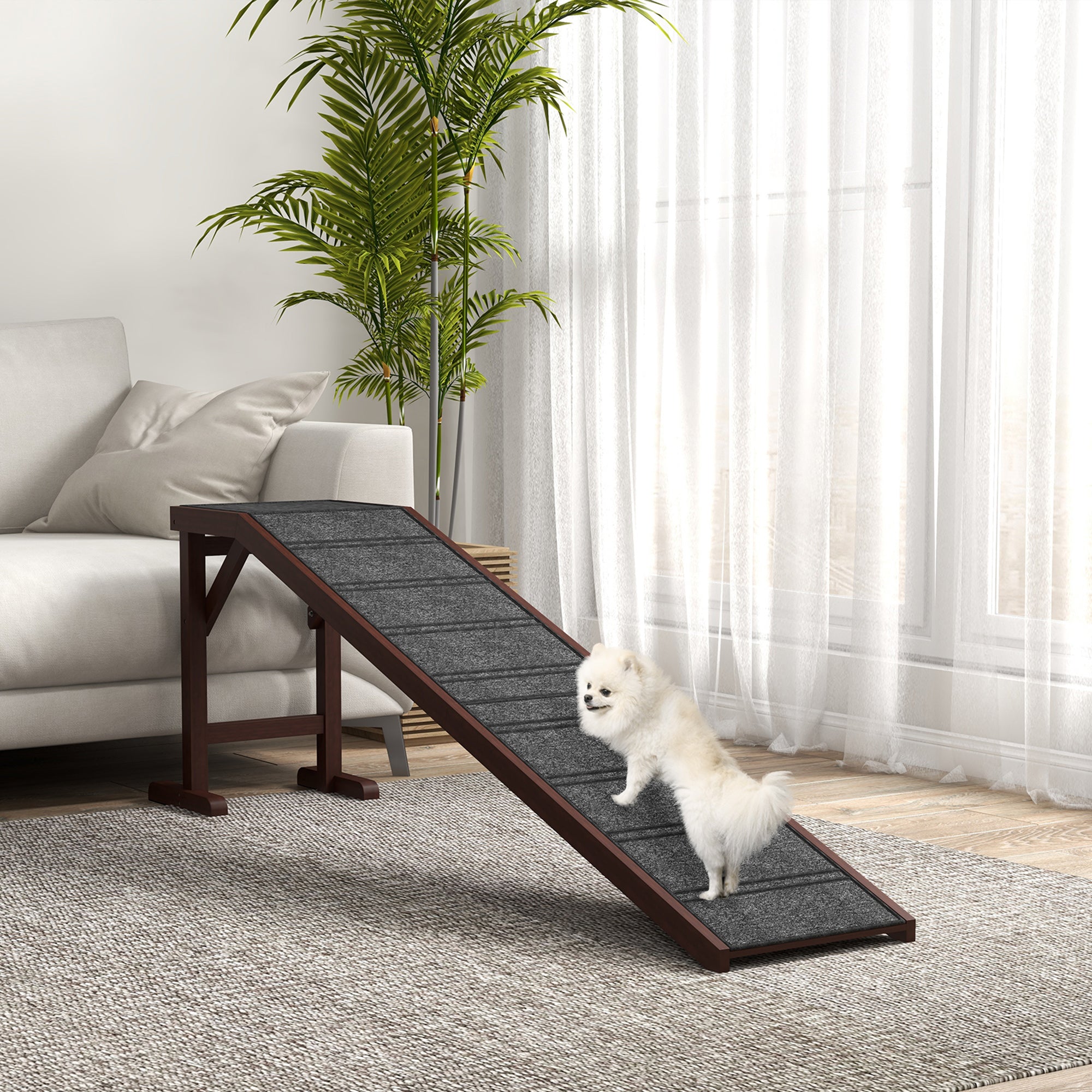 Pet Ramp Bed Steps for Dogs Cats Non-slip Carpet Top Platform Pine Wood 74"L x 16"W x 25"H Brown