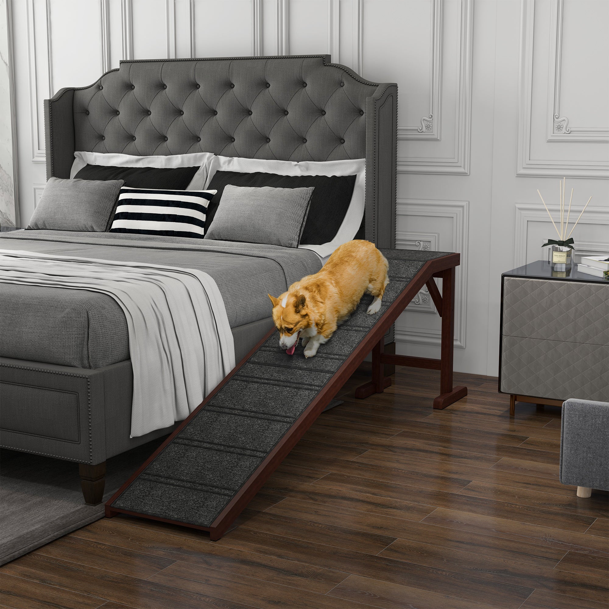 Pet Ramp Bed Steps for Dogs Cats Non-slip Carpet Top Platform Pine Wood 74"L x 16"W x 25"H Brown