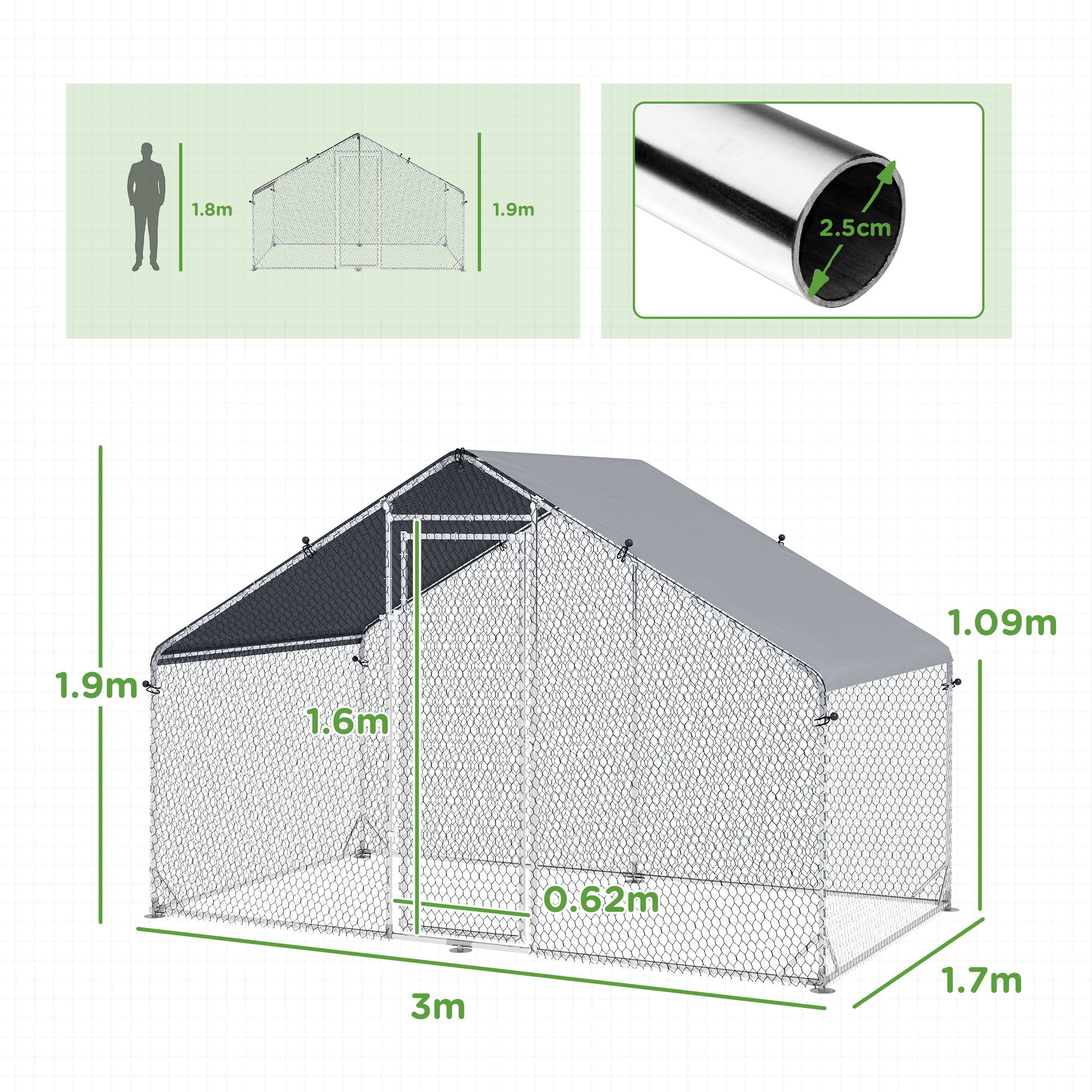 Chicken Run Galvanised Walk-in Chicken Coop Hen Poultry House Cage Rabbit Hutch Pet Playpen Garden w/ Water-Resist Cover, 3 x 1.7 x 1.9m