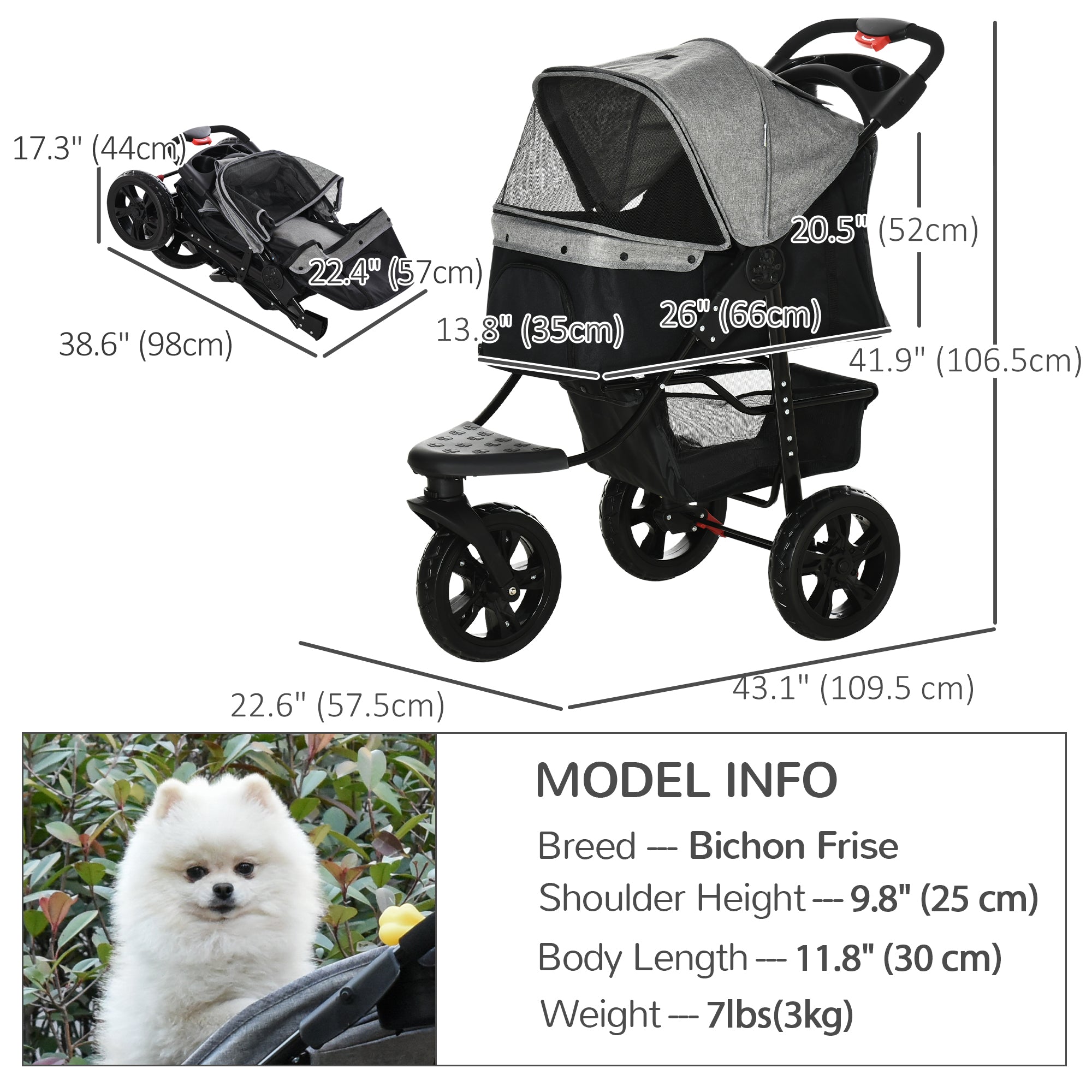 3 Wheel Dog Stroller, Folding Pet Stroller Jogger with Adjustable Canopy, Storage Basket, Mesh Window, Cupholder, for Small Dogs & Cats, Grey