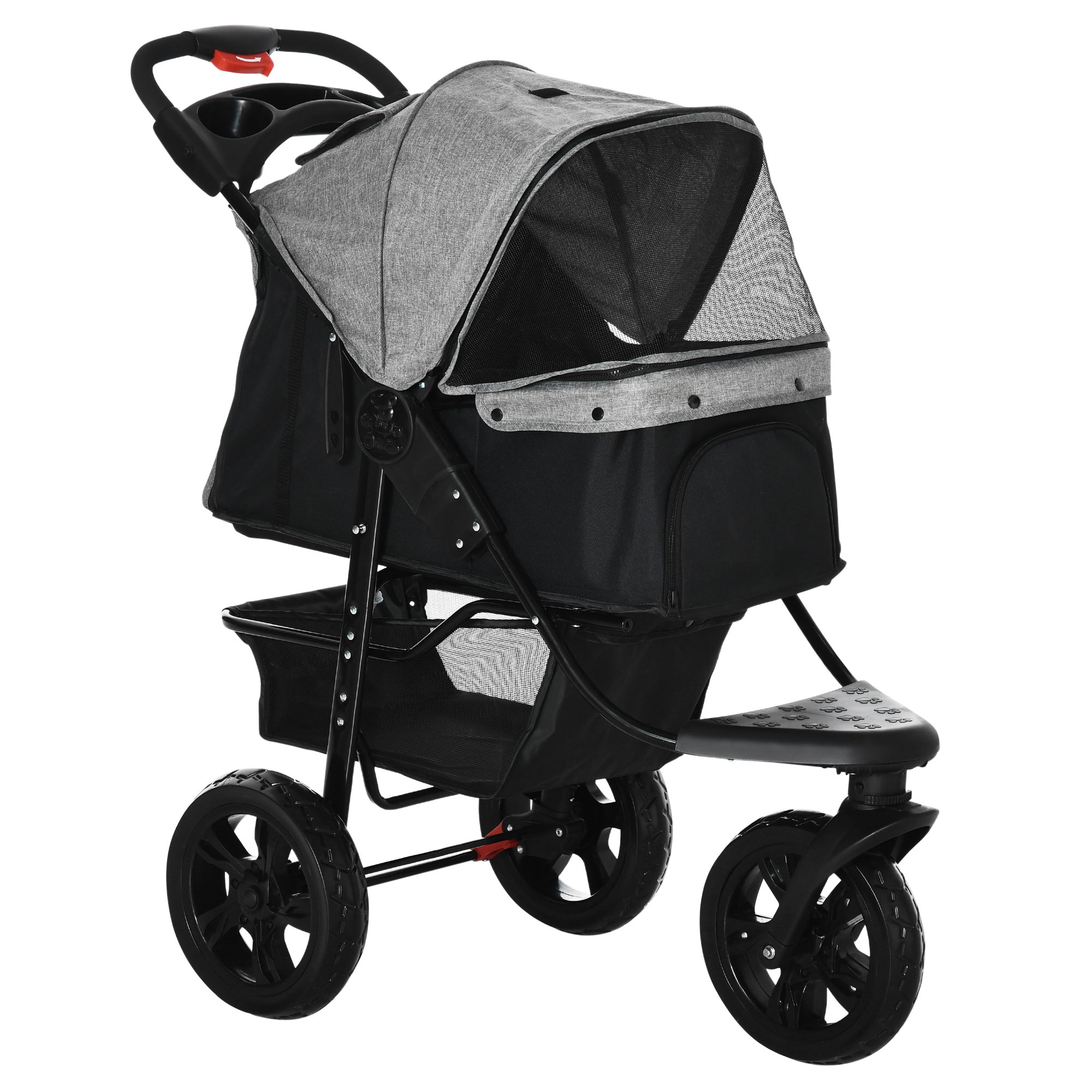 3 Wheel Dog Stroller, Folding Pet Stroller Jogger with Adjustable Canopy, Storage Basket, Mesh Window, Cupholder, for Small Dogs & Cats, Grey
