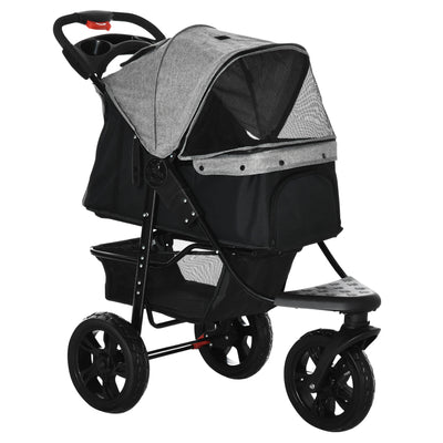 3 Wheel Dog Stroller, Folding Pet Stroller Jogger with Adjustable Canopy, Storage Basket, Mesh Window, Cupholder, for Small Dogs & Cats, Grey